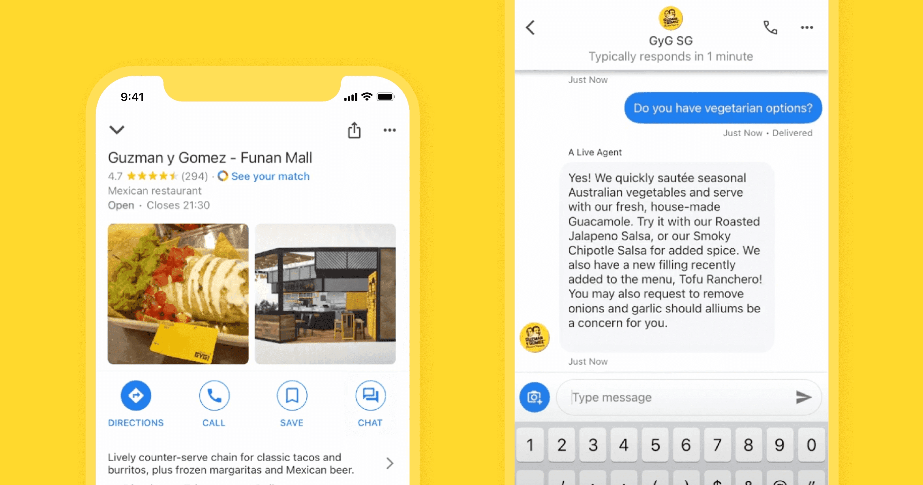 Guzman y Gomez leveraging MessageBird's Inbox to reply to customers asking restaurant related questions like "do you have any vegetarian options?"