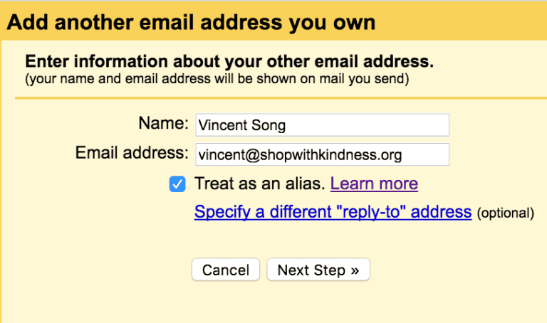 Gmail form for adding an alternative email address, showing fields for name and email with 'Treat as an alias' option checked.