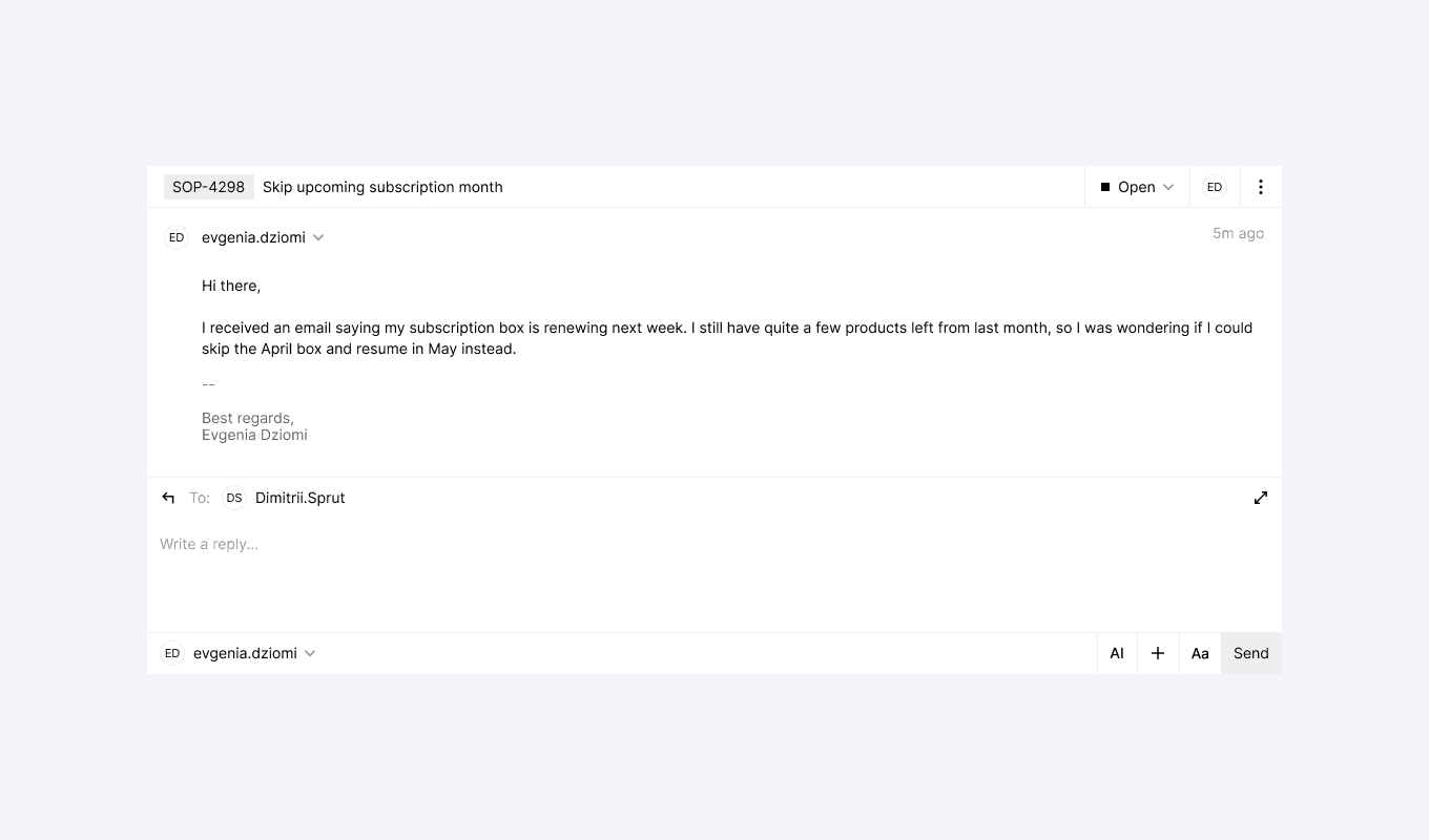 Support message in Bird Inbox requesting to skip a subscription renewal.