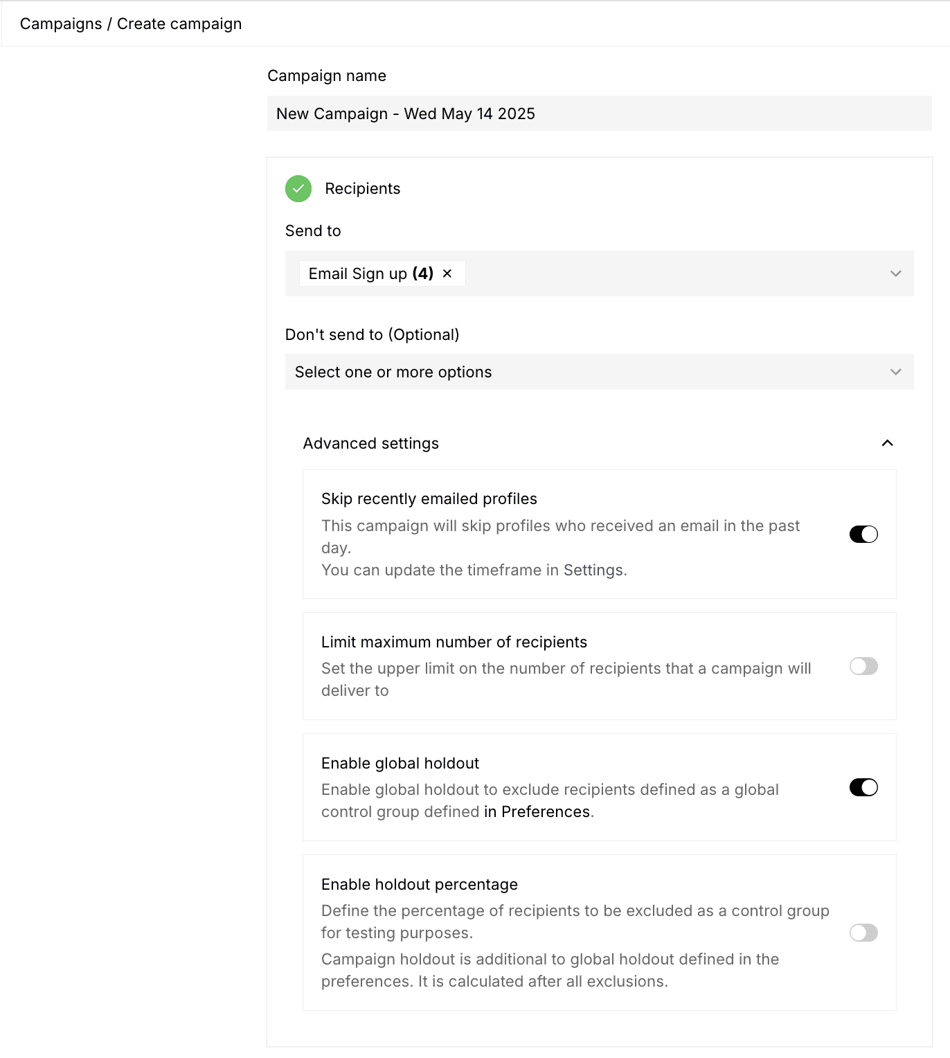 Interface for campaign creation.