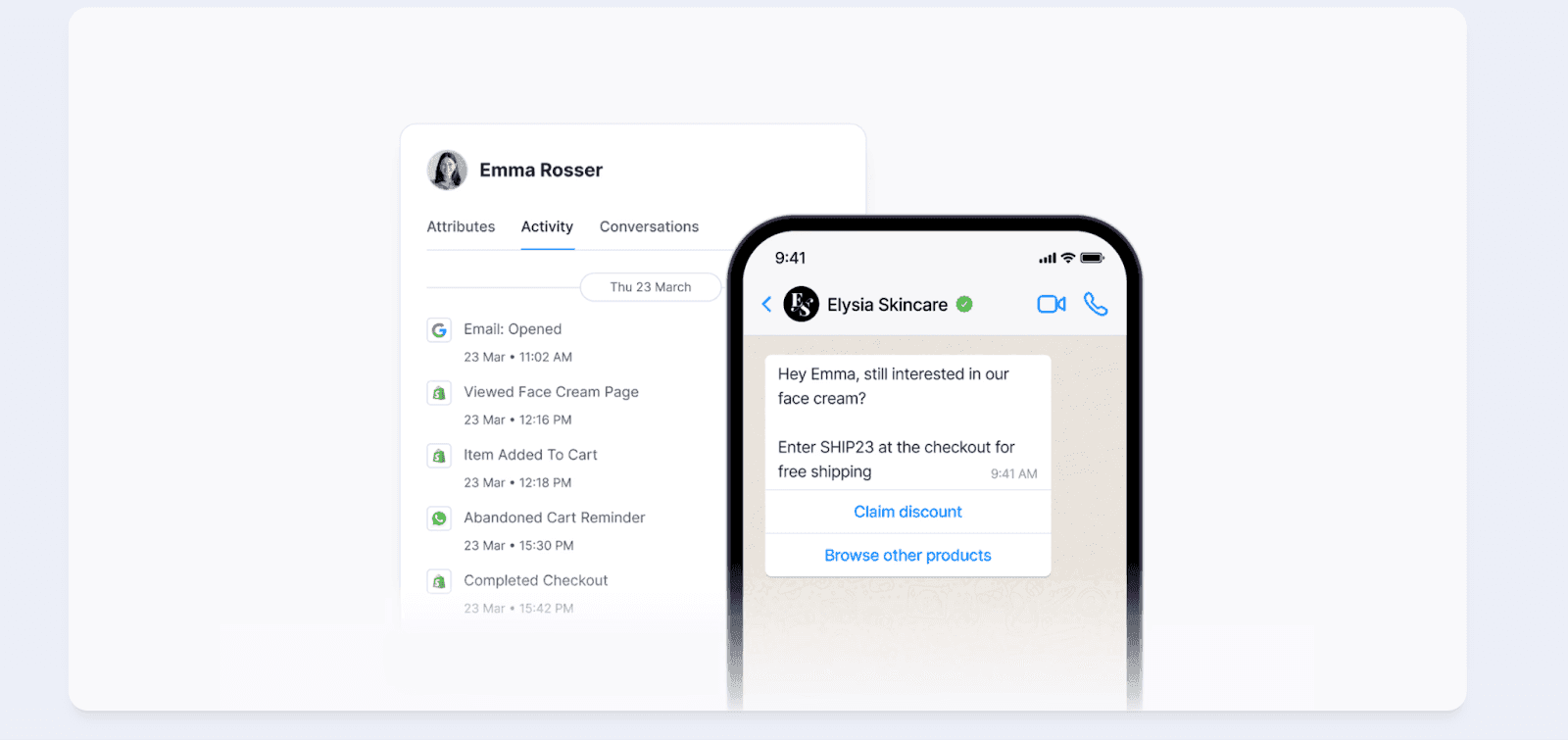 Chat offering a free shipping discount code, while an adjacent panel lists a user's recent online activities, including product views and cart additions.
