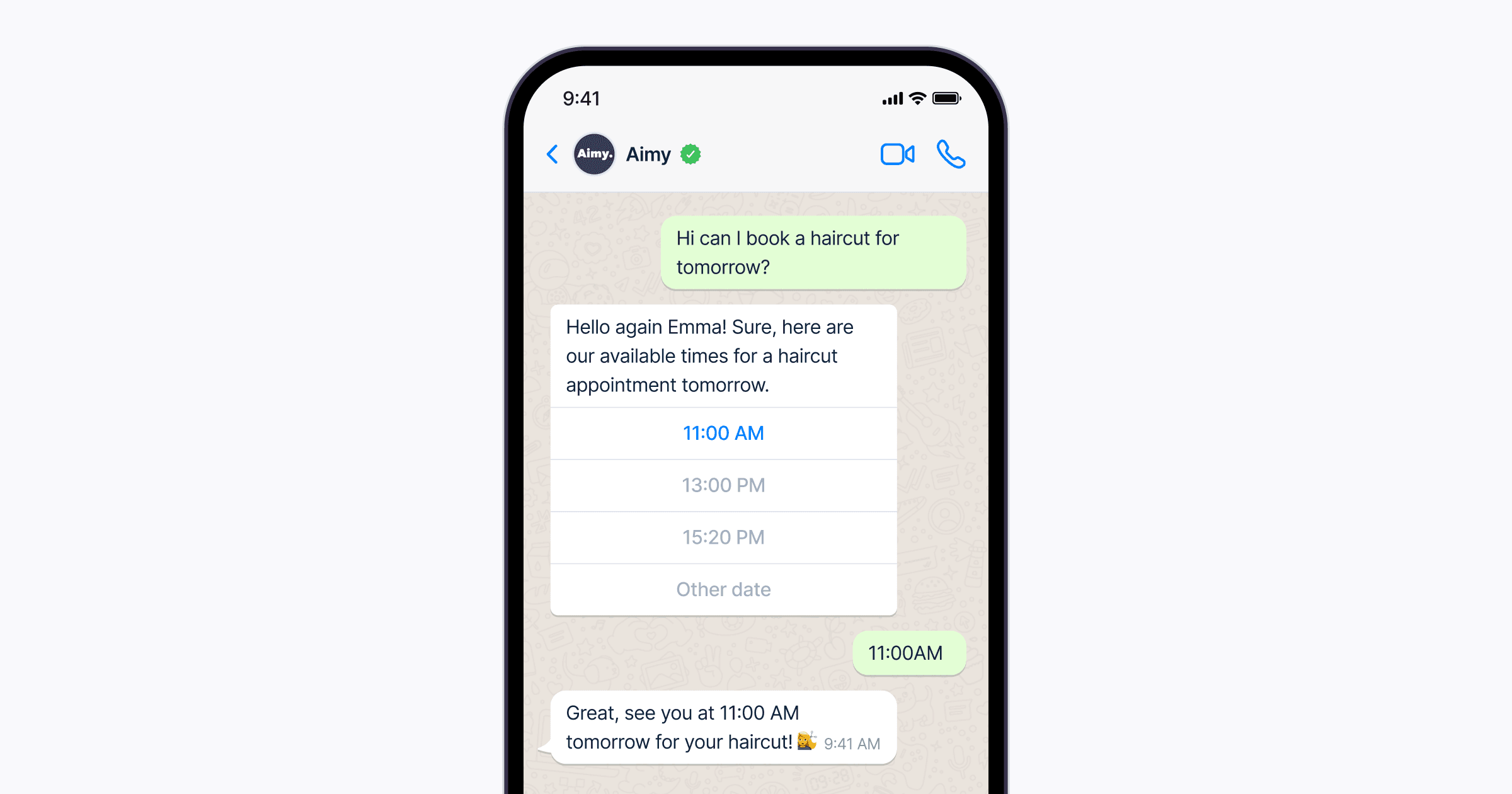 A smartphone screen displaying a chat conversation where a user enquires about booking a haircut for tomorrow, with the conversation showing available appointment times.
