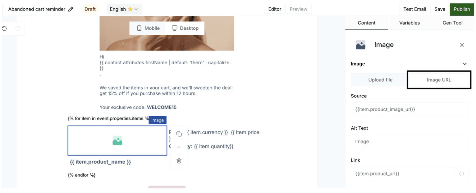 Email template editor for abandoned cart reminders.