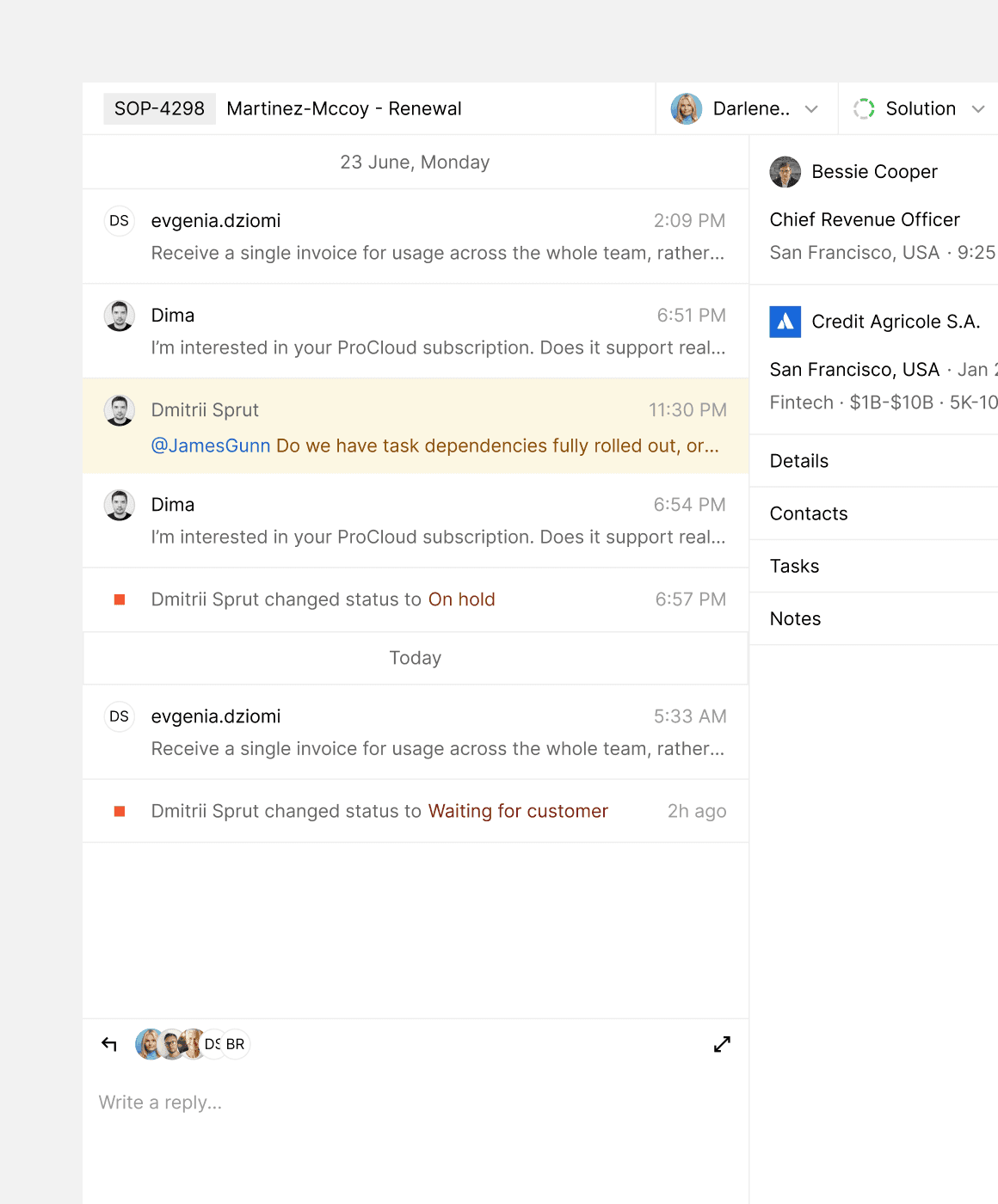 Chat log with team members discussing task dependencies and status updates, emphasizing streamlined communication and real-time updates to enhance sales interactions.