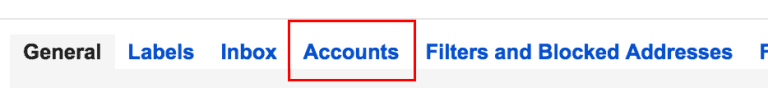 Gmail settings navigation menu with the Accounts tab highlighted.