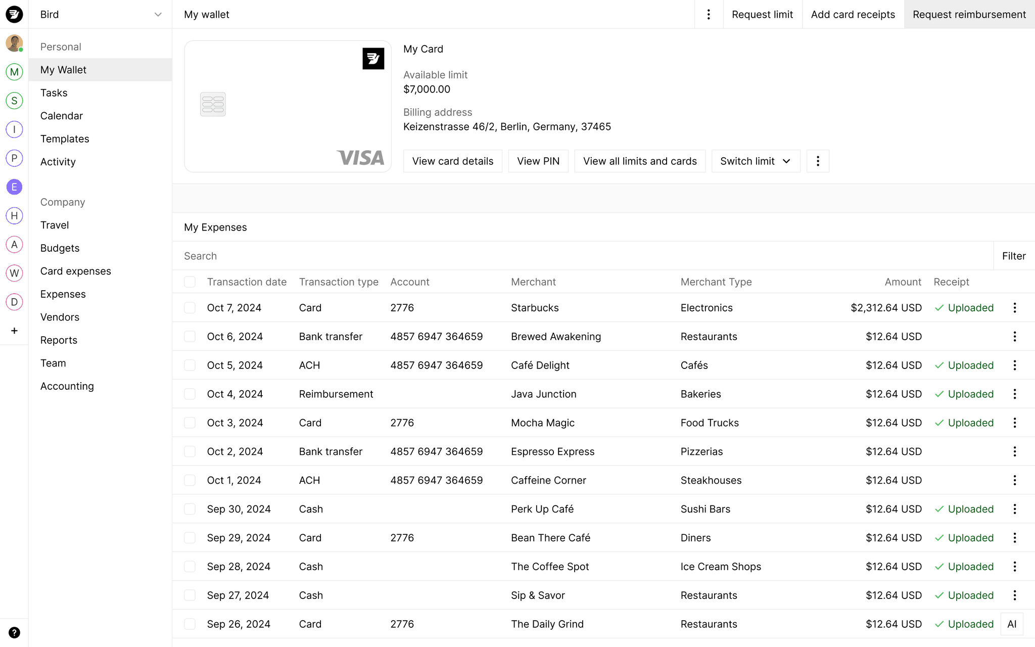 Expenses dashboard featuring a layout of different financial items and their corresponding data.