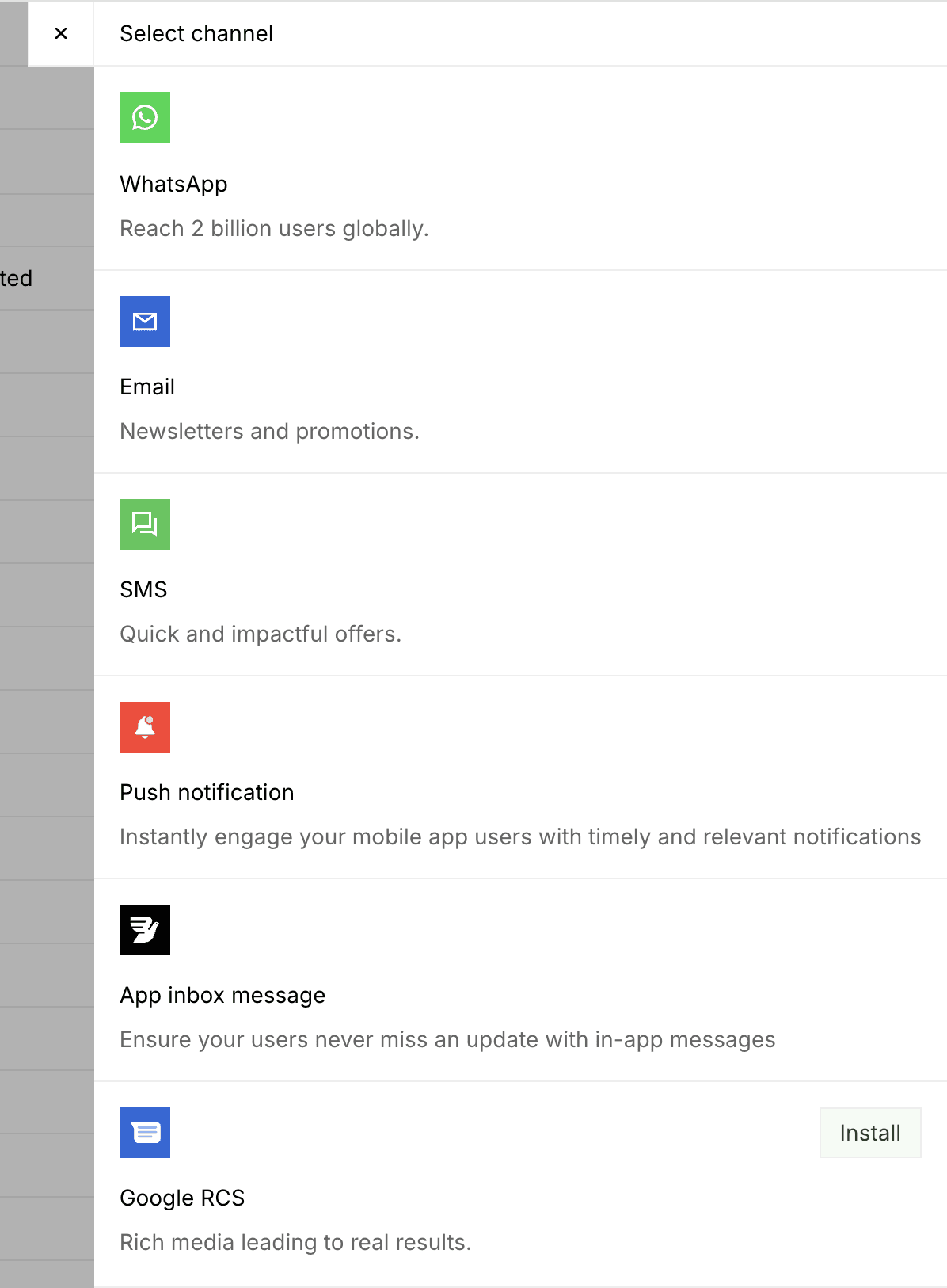 Selection menu for different communication channels including WhatsApp, Email, SMS, Push Notification, App Inbox Message, and Google RCS.