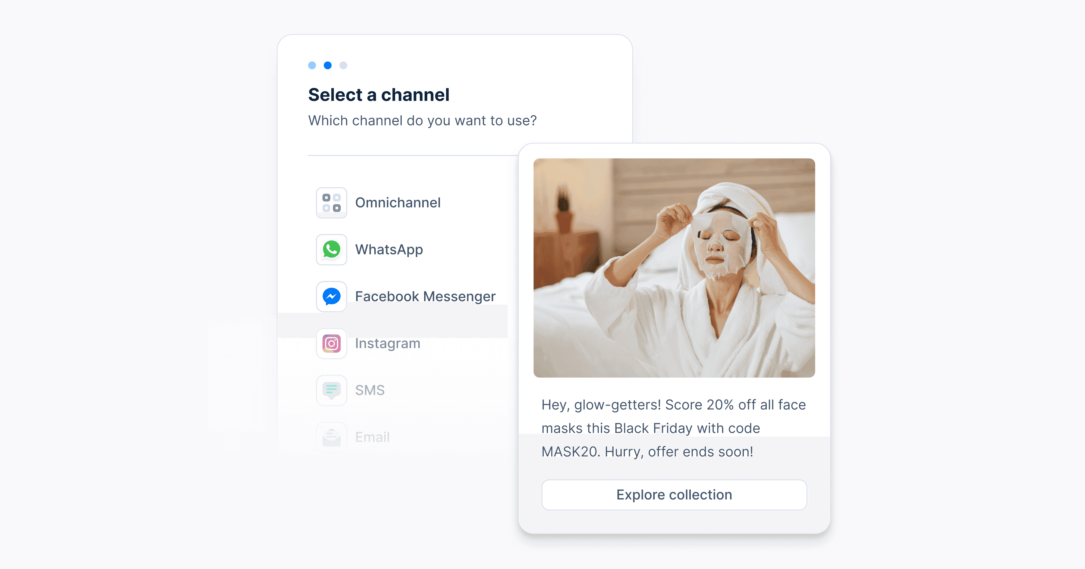 Skincare offer with a 20% discount, displayed next to a channel selection interface including options like Omnichannel, WhatsApp, and Facebook Messenger.
