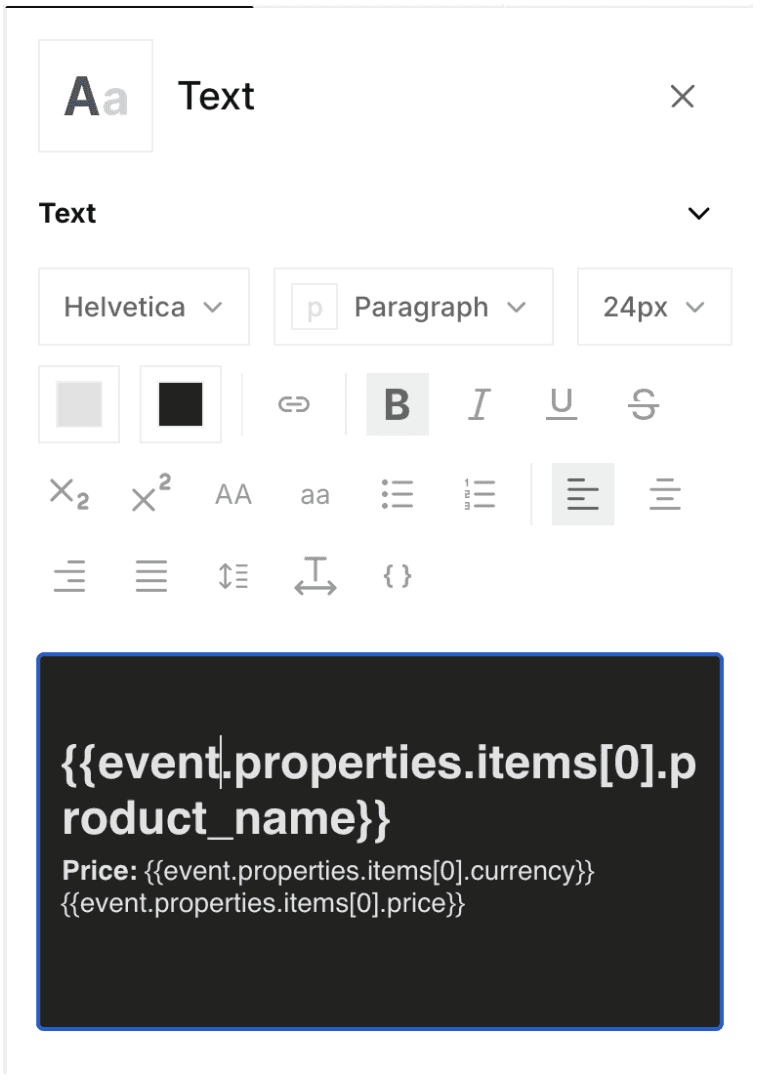 A text editor displays a snippet of code showing dynamically generated variables for product personalization, including placeholders for product name and price.