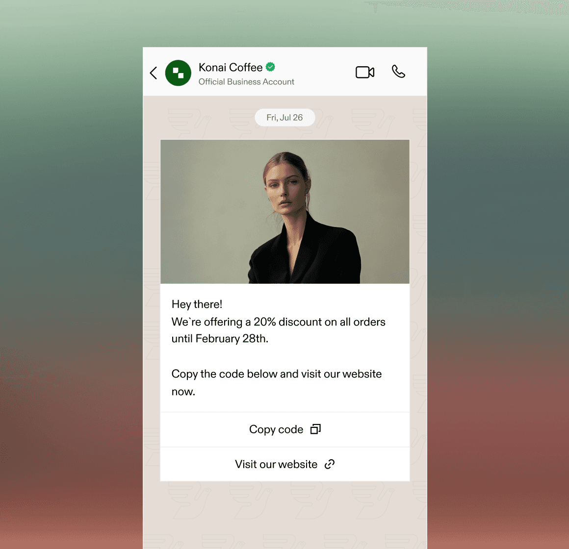 WhatsApp marketing message from Konai Coffee promoting a 20% discount code to connect with customers, aimed at enhancing direct customer conversations.