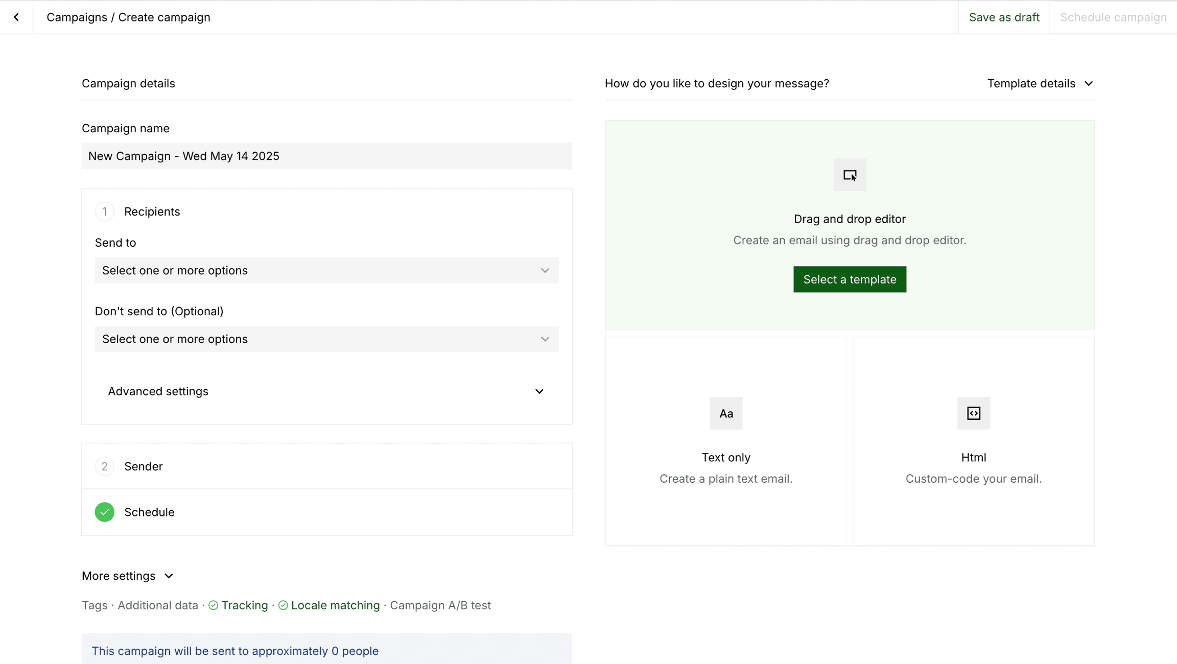 Email marketing campaign creation interface.