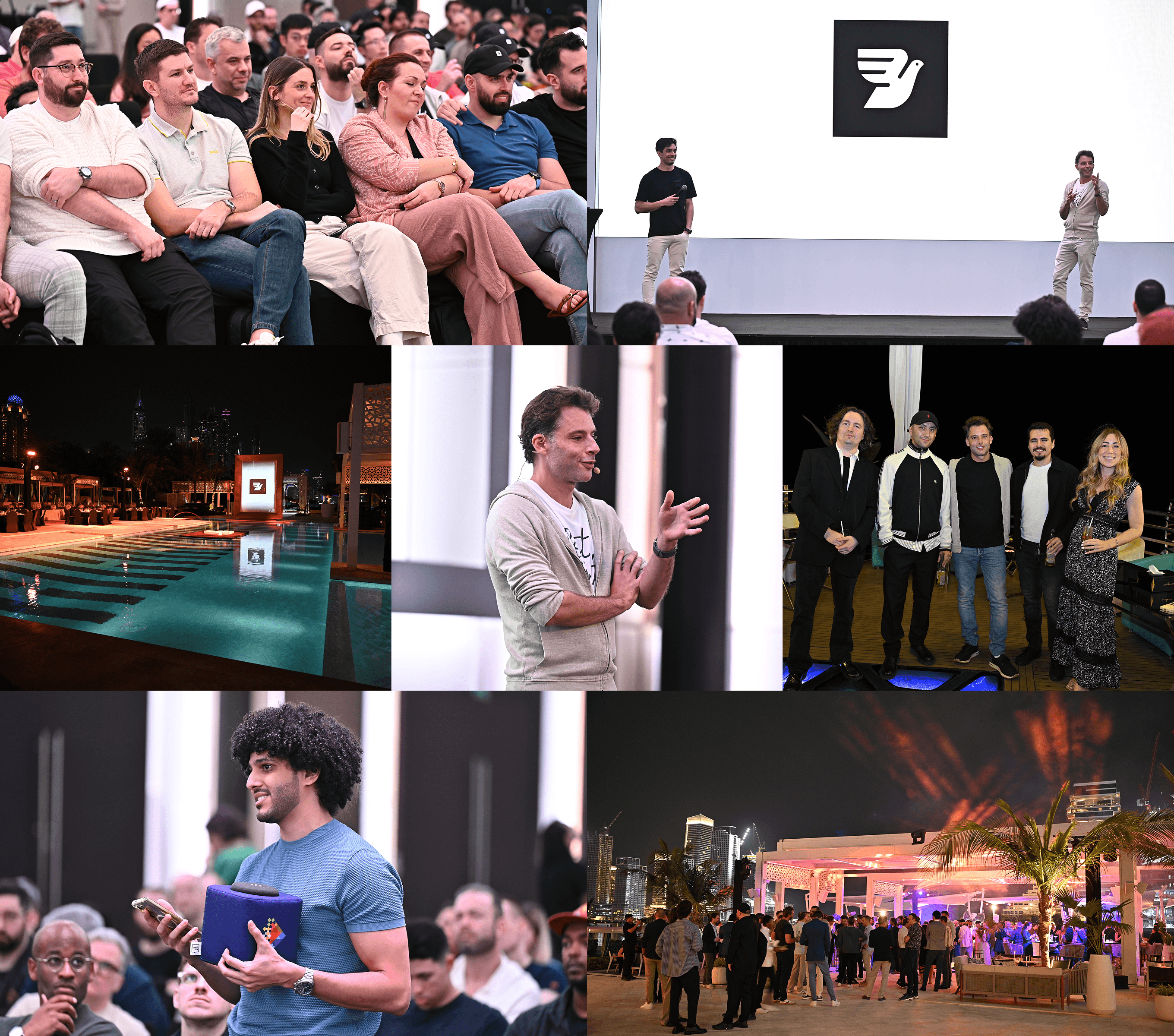 Collage of Bird company event in Dubai showing presentation with Bird logo, audience members, speakers on stage, networking moments.