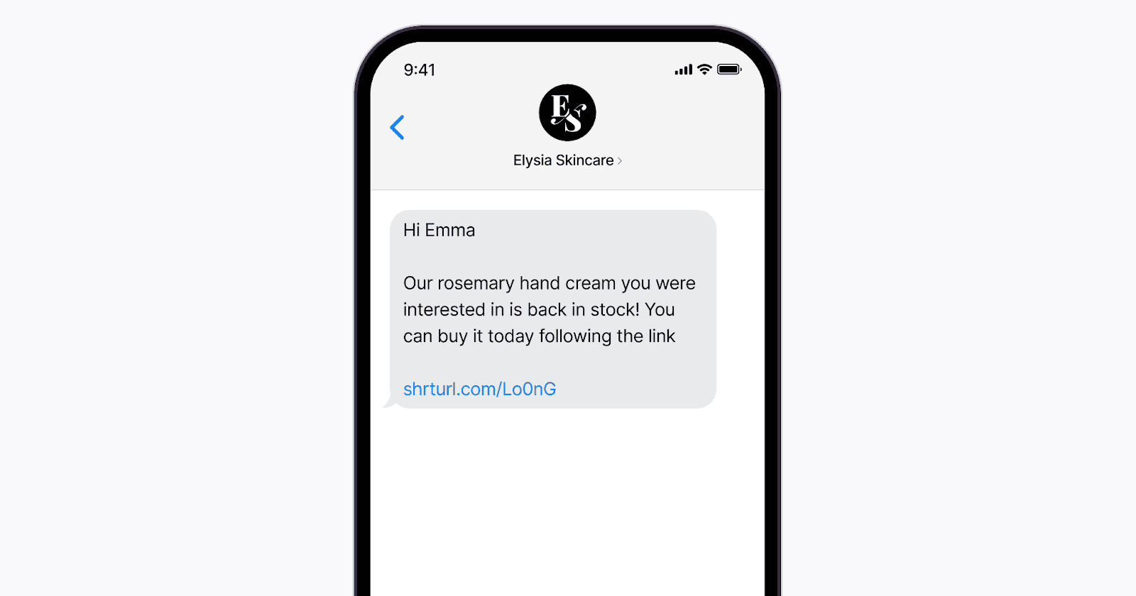 Text message notifying that their rosemary hand cream is back in stock.