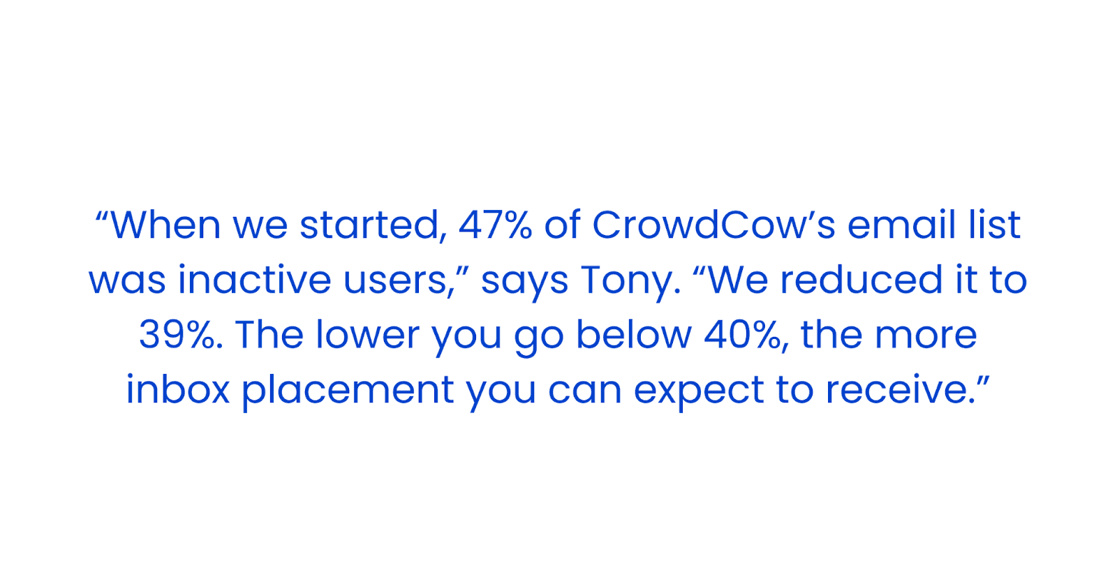 A quote from Tony discusses reducing CrowdCow's inactive email list percentage from 47% to 39% for better inbox placement.