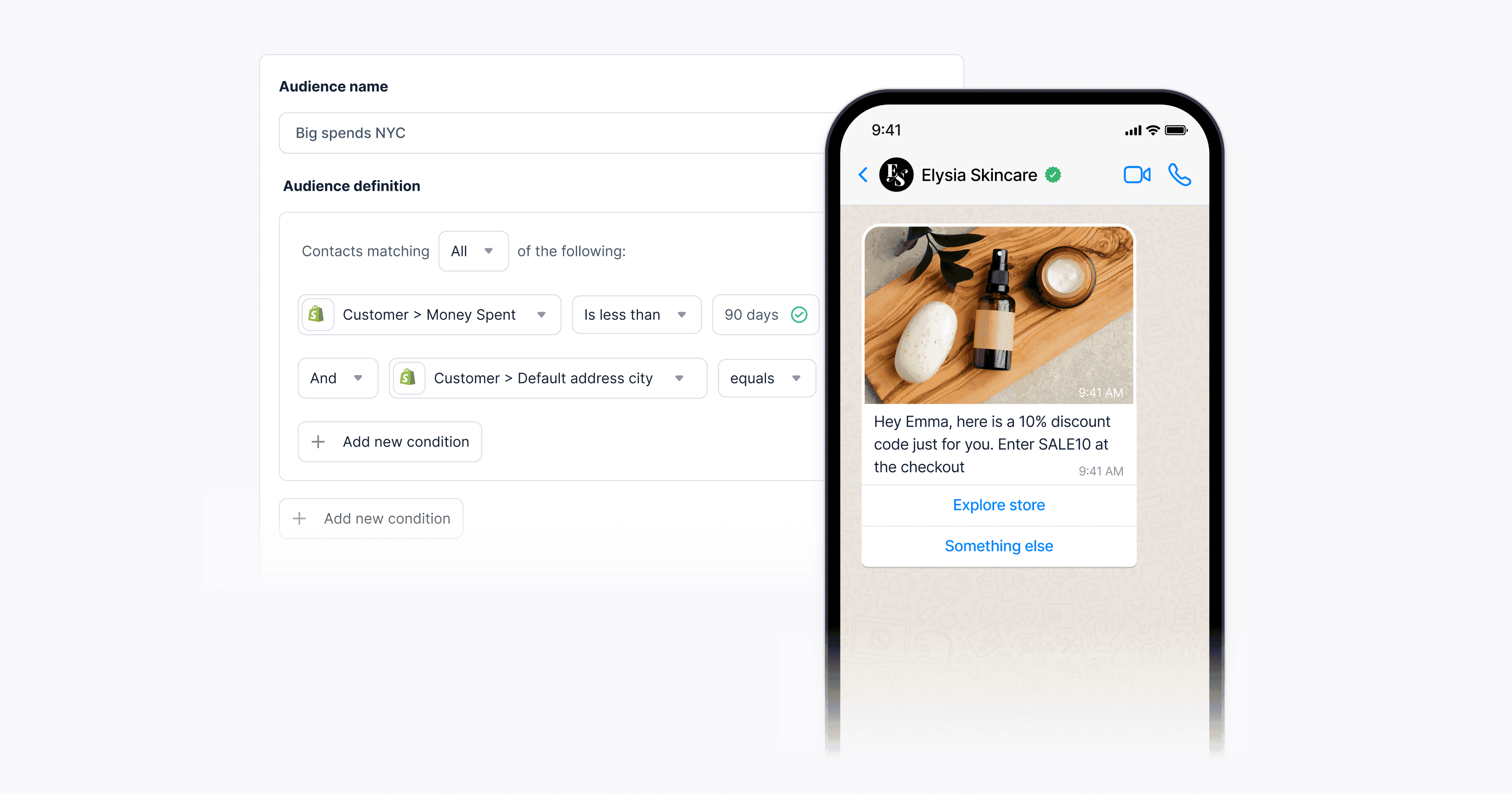 Audience segment settings on the left, including filters like customer status and location, on the right, a smartphone screen shows a personalized marketing message featuring skincare products, specifically a dropper bottle and cream jar with a discount offer.