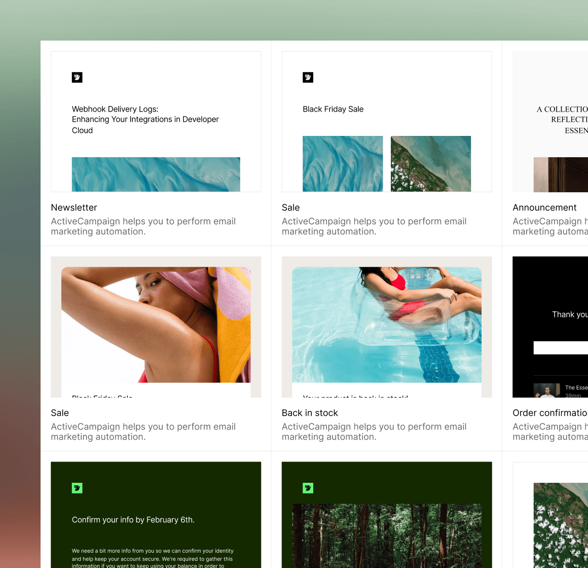 Marketing templates featuring various campaign themes, such as sales announcements and newsletters, highlighting their use in email marketing automation.