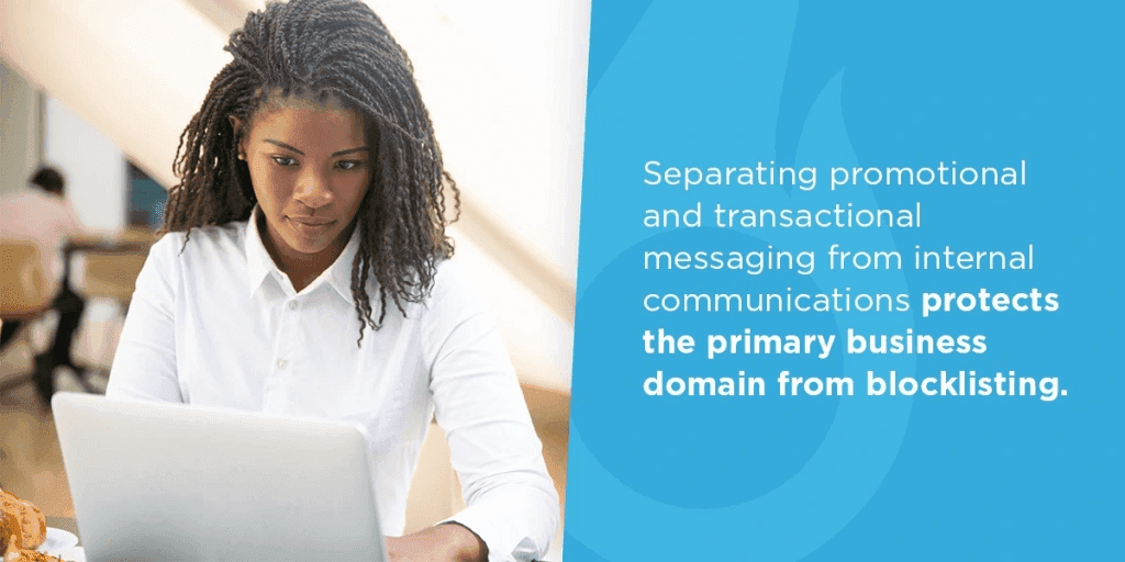 Informational graphic showing a woman working on a laptop with text explaining how separating promotional messages from internal communications helps prevent business domain blocklisting.