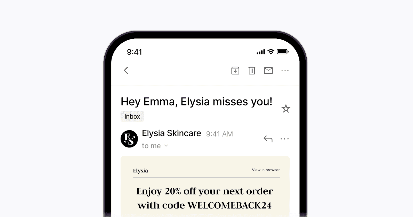 Email offering a 20% discount on the next order with the code WELCOMEBACK24, emphasizing a personalized marketing approach.