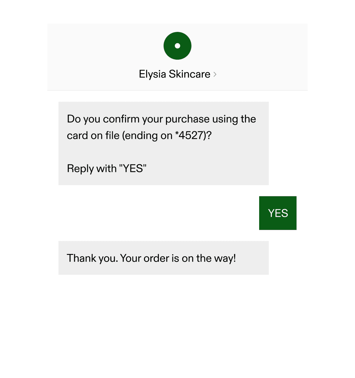 Personalized SMS marketing message from Elysia Skincare, prompting user engagement to confirm their purchase, showcasing effective customer connection through targeted campaigns.