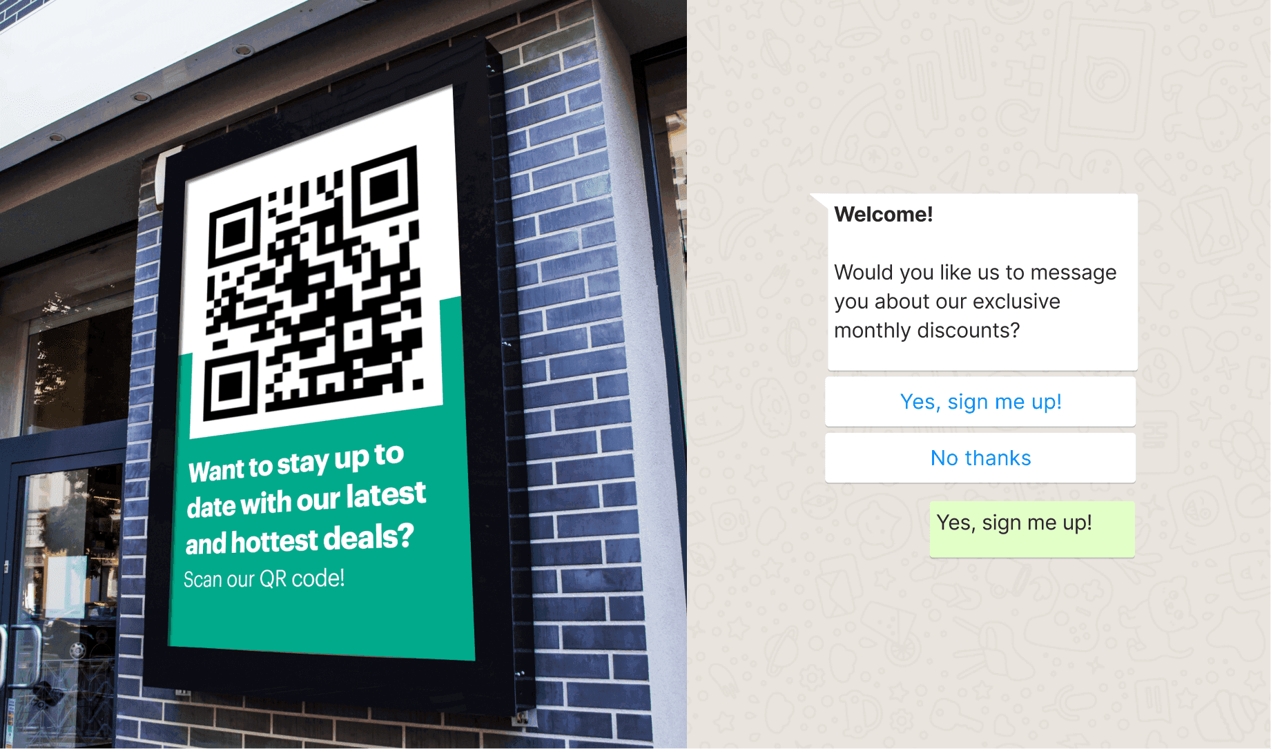 Storefront with QR code and WhatsApp message from business asking user to opt-in