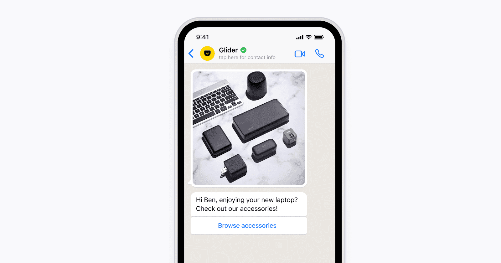 Text message suggesting browsing accessories.