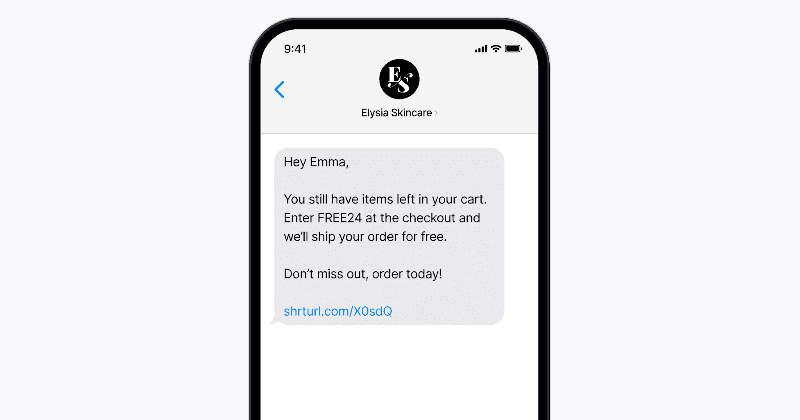 Text message reminding a customer about items left in their cart, offering free shipping with code "FREE24".