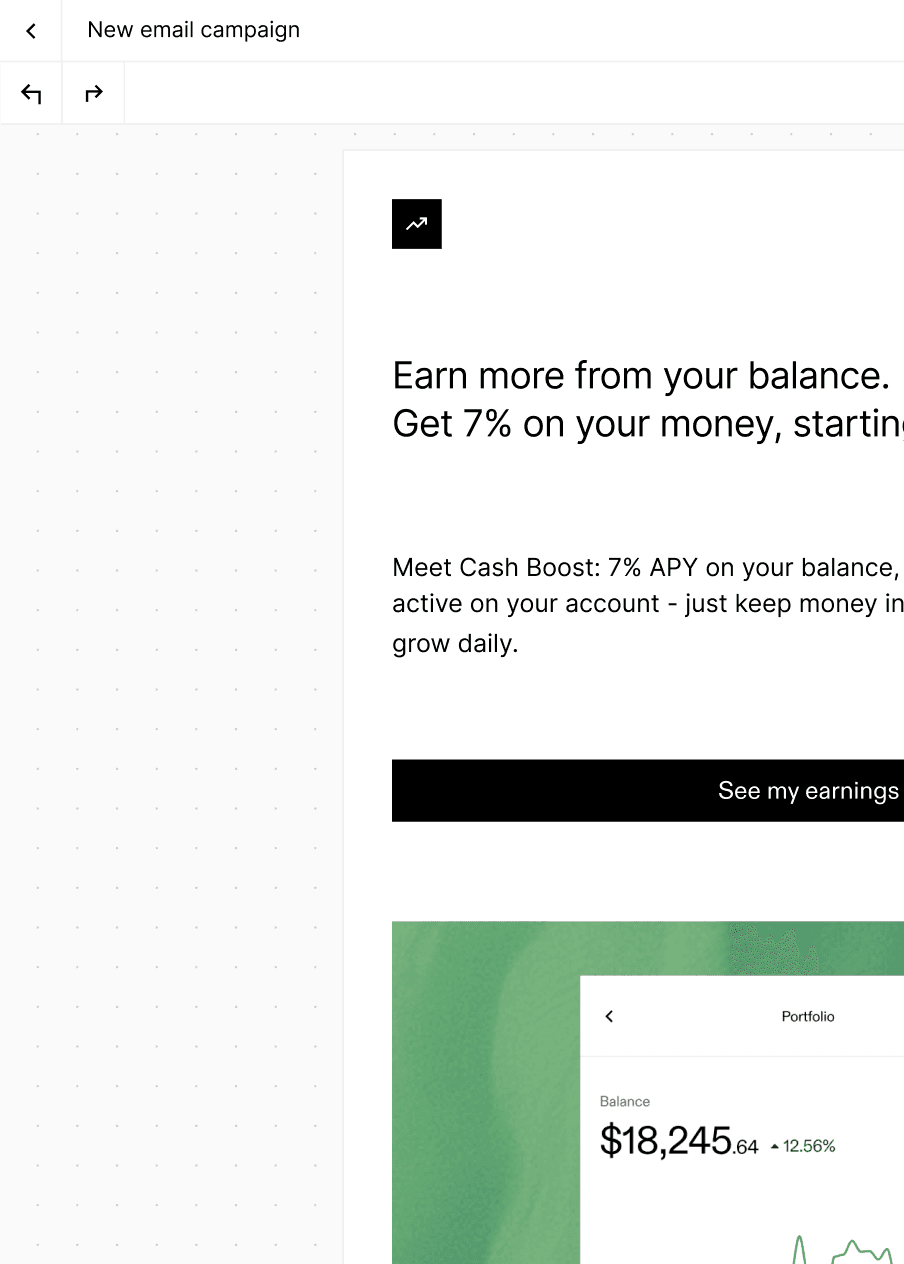 email campaign draft about optimizing balances, accompanied by a financial chart below, highlighting data-driven and automated campaigns in digital marketing.