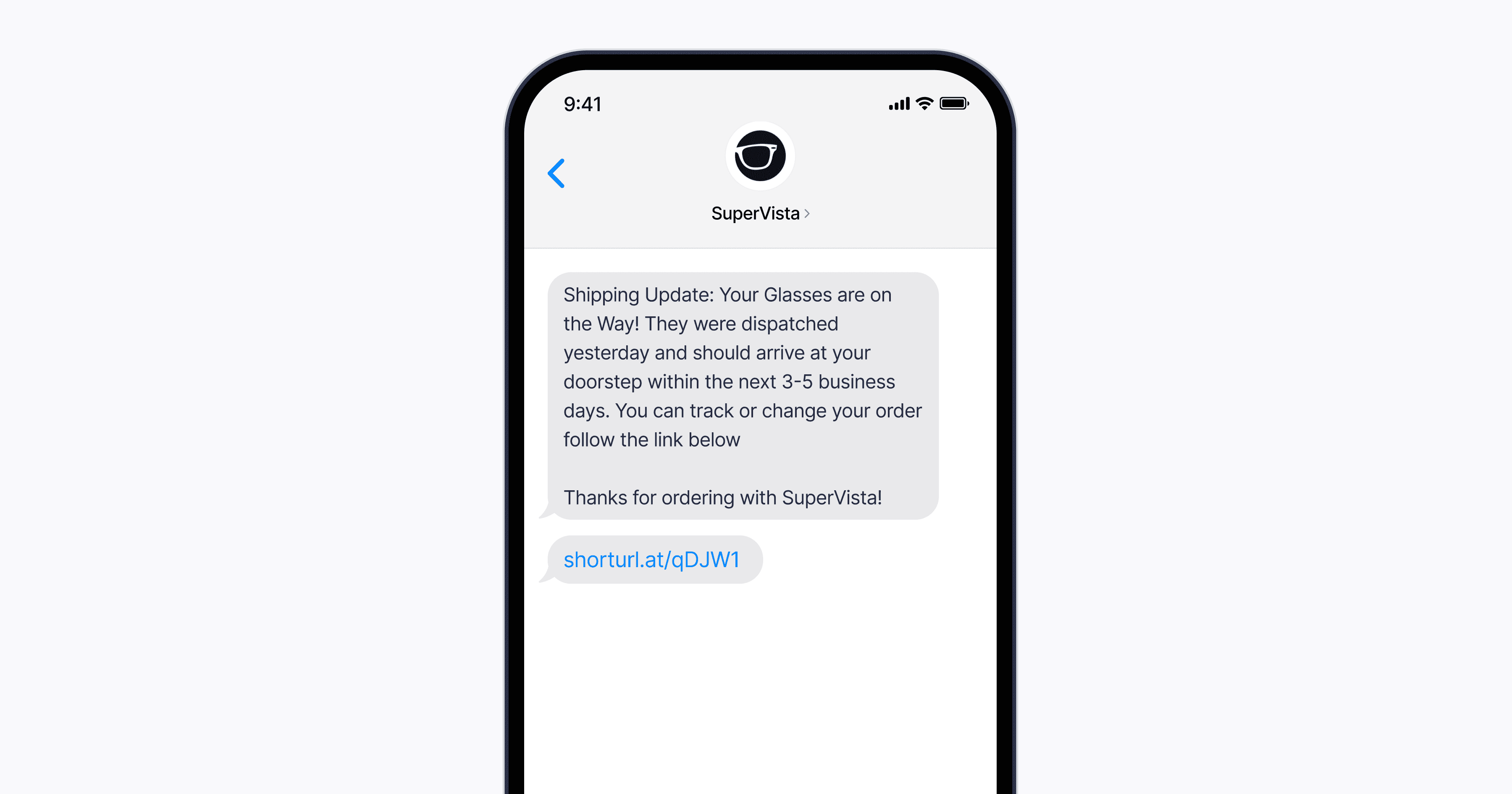 A smartphone displays a text message notification from SuperVista, informing the recipient that their glasses have been shipped and will arrive within 3-5 business days, accompanied by a link for order tracking.