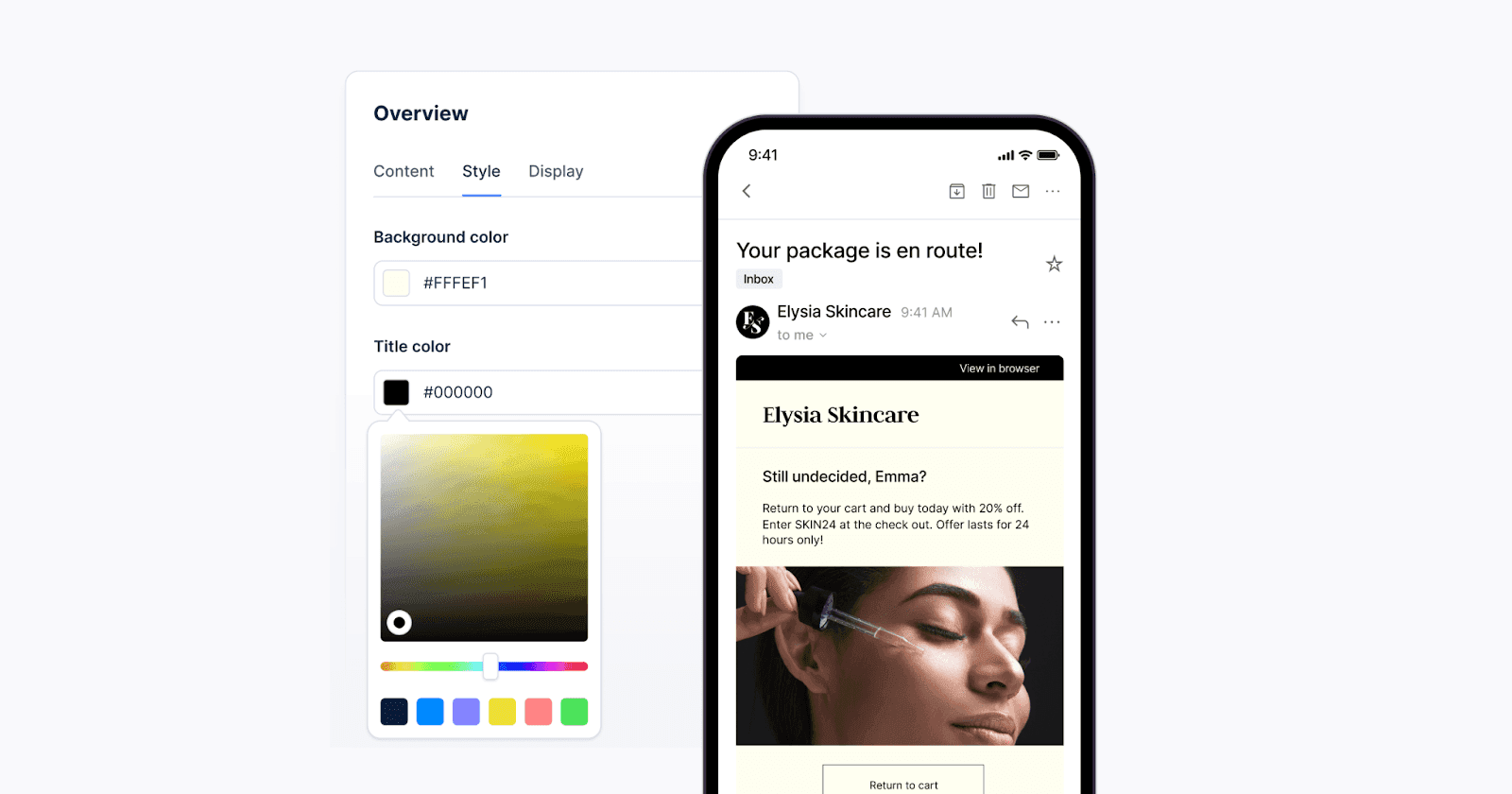 Interface with a color customization palette on the left and a mobile device displaying an email notification for a package delivery on the right.
