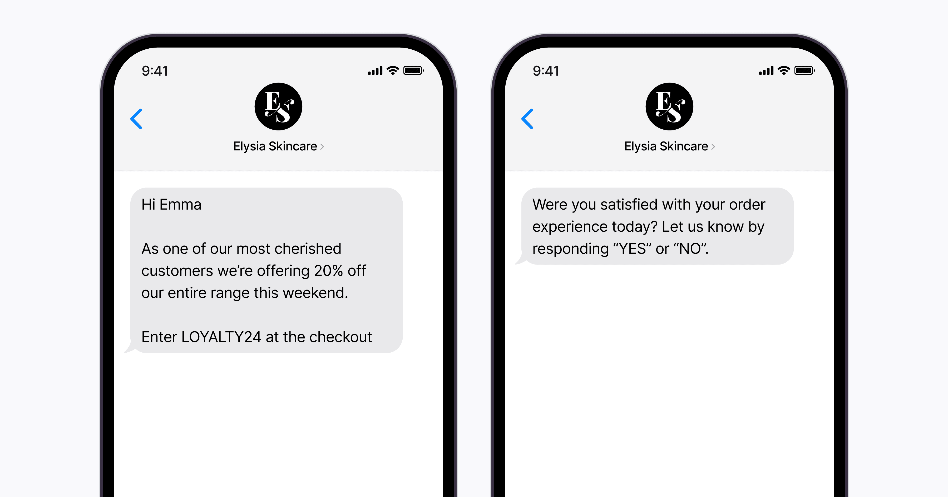 Two text messages, one offering a 20% discount to cherished customers, and the other asking for customer satisfaction feedback.