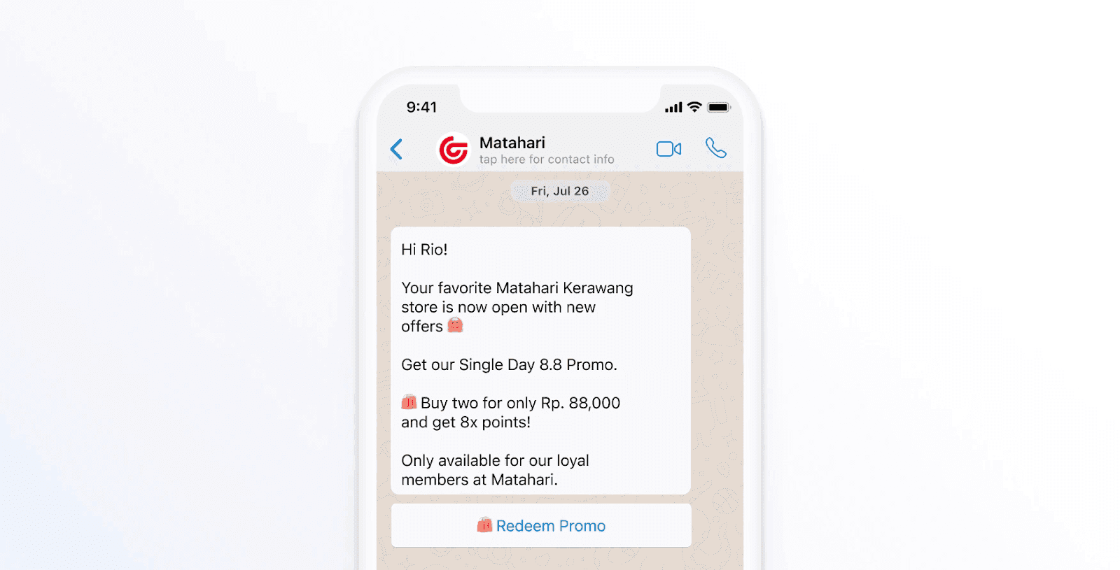 A smartphone screen shows a promotional chat message from Matahari, offering a "Single Day 8.8 Promo" with discounts and points on purchases for loyal members.