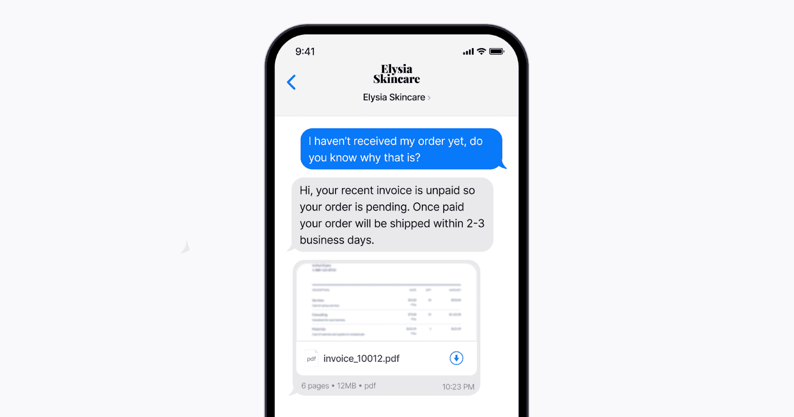Text message conversation from Elysia Skincare.