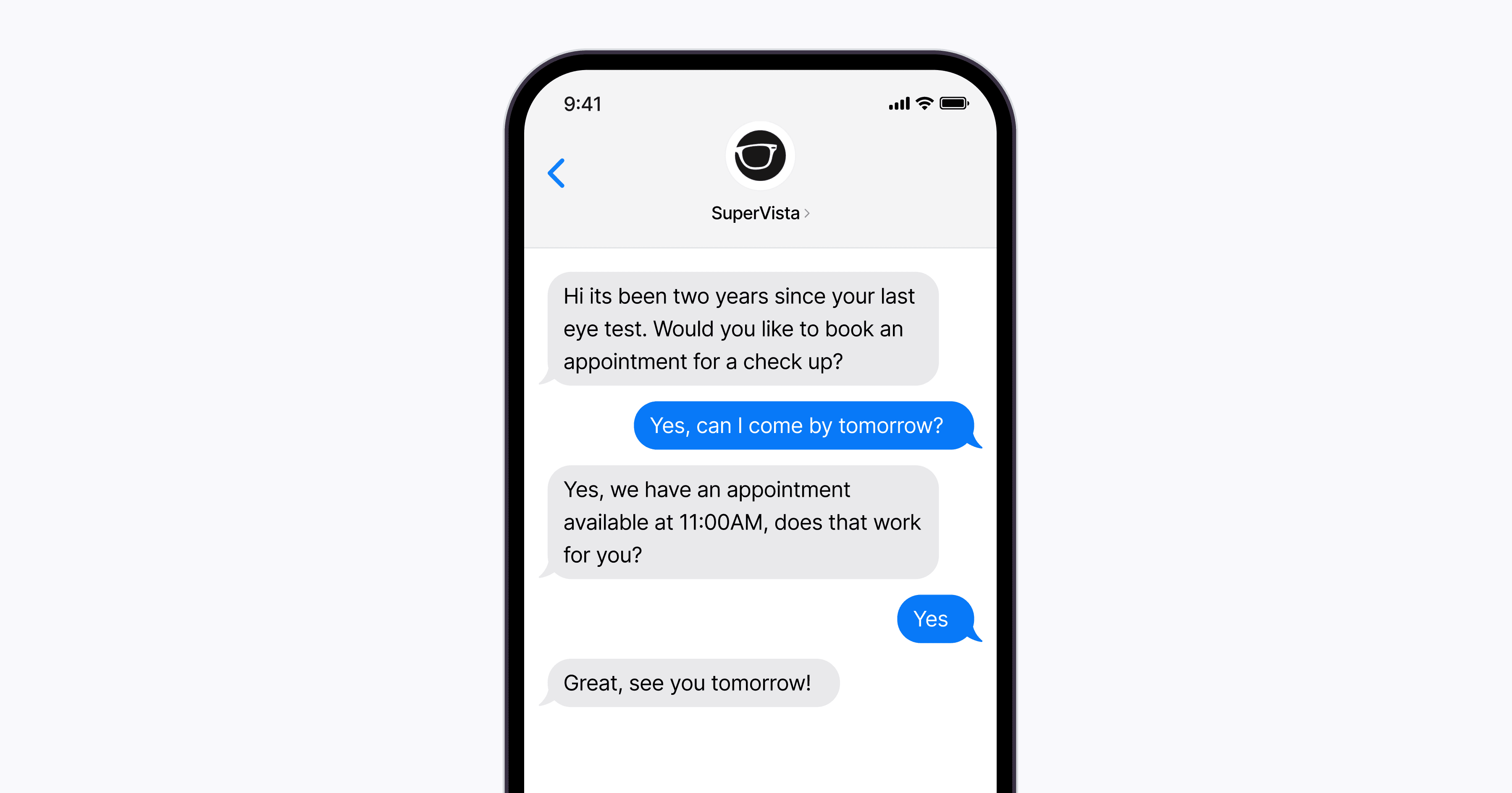 A smartphone screen displays a text conversation with an eye care service confirming an appointment scheduled for 11:00 AM the following day.
