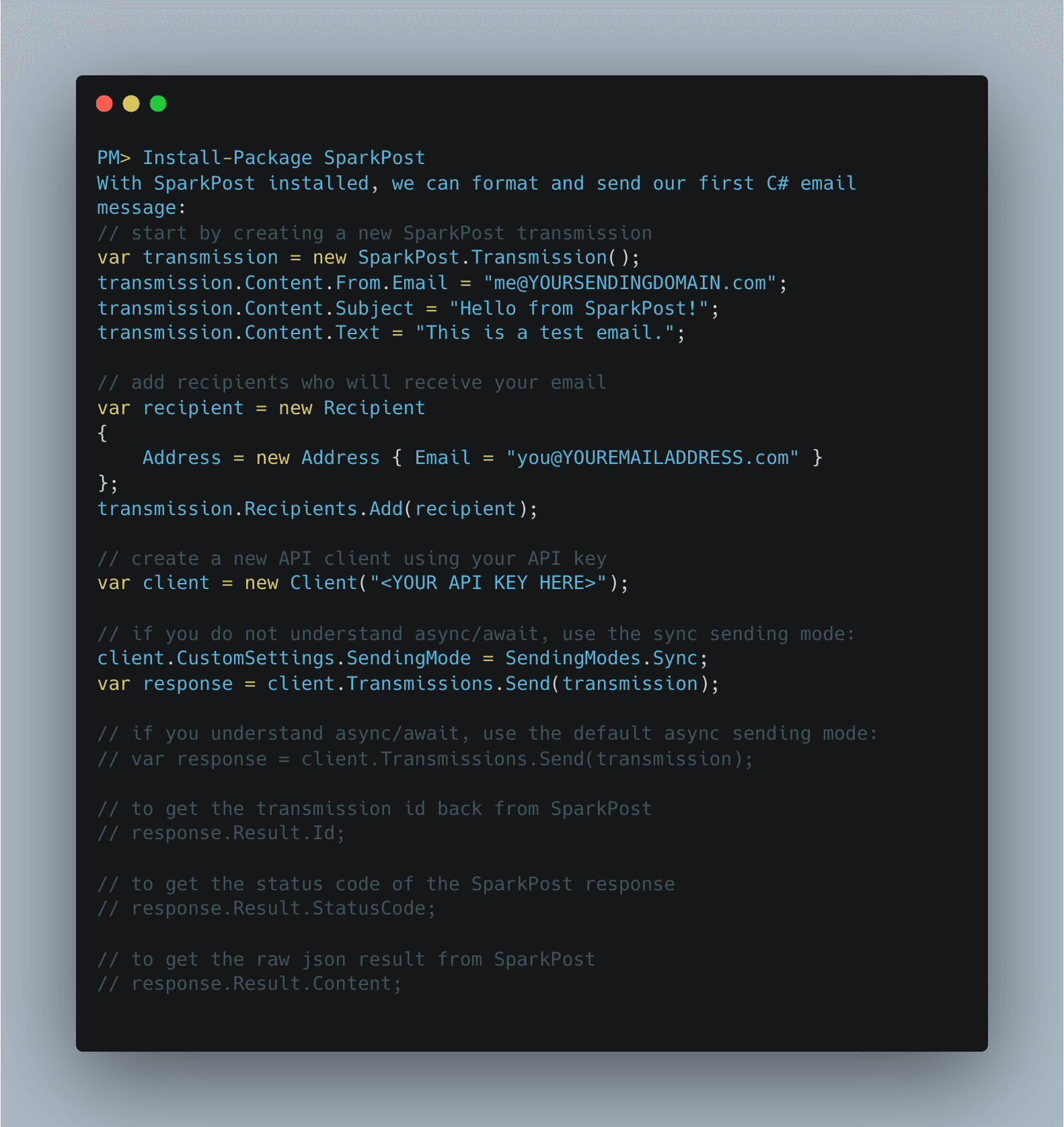 Code editor displaying a script for installing and setting up SparkPost to send transactional emails, with detailed comments explaining each step in the process.