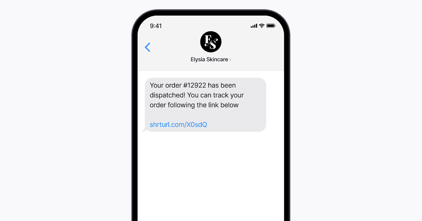 Text message confirming the dispatch of order, with a link provided for tracking.