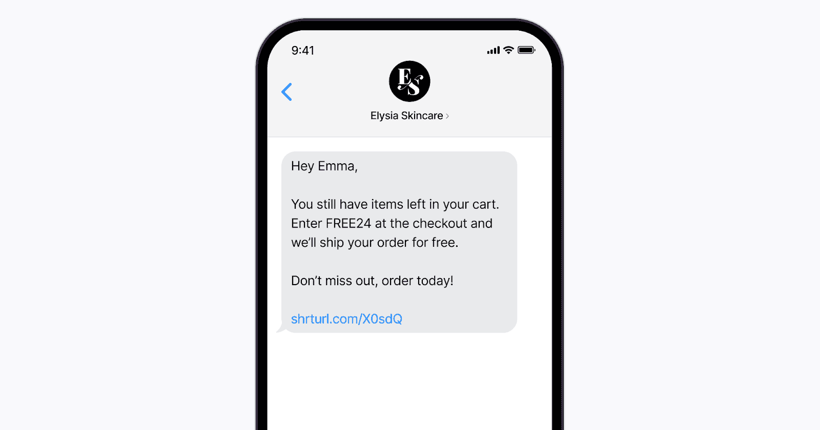 Text message reminding the recipient of items left in their cart with a promo code "FREE24" for free shipping.