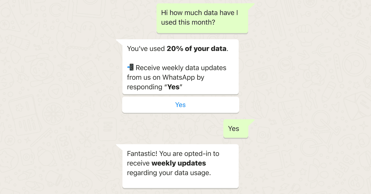 WhatsApp conversation between user and business asking for data usage and the business takes the opportunity to ask for WhatsApp marketing opt-in