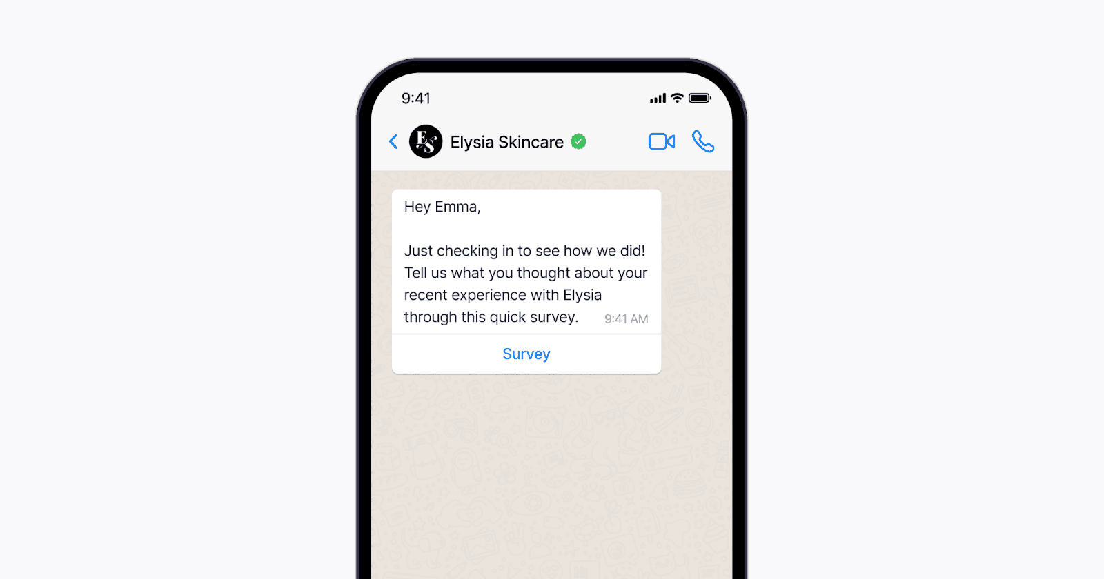 Messaging app with a survey request from a skincare brand, asking for feedback on a recent experience.
