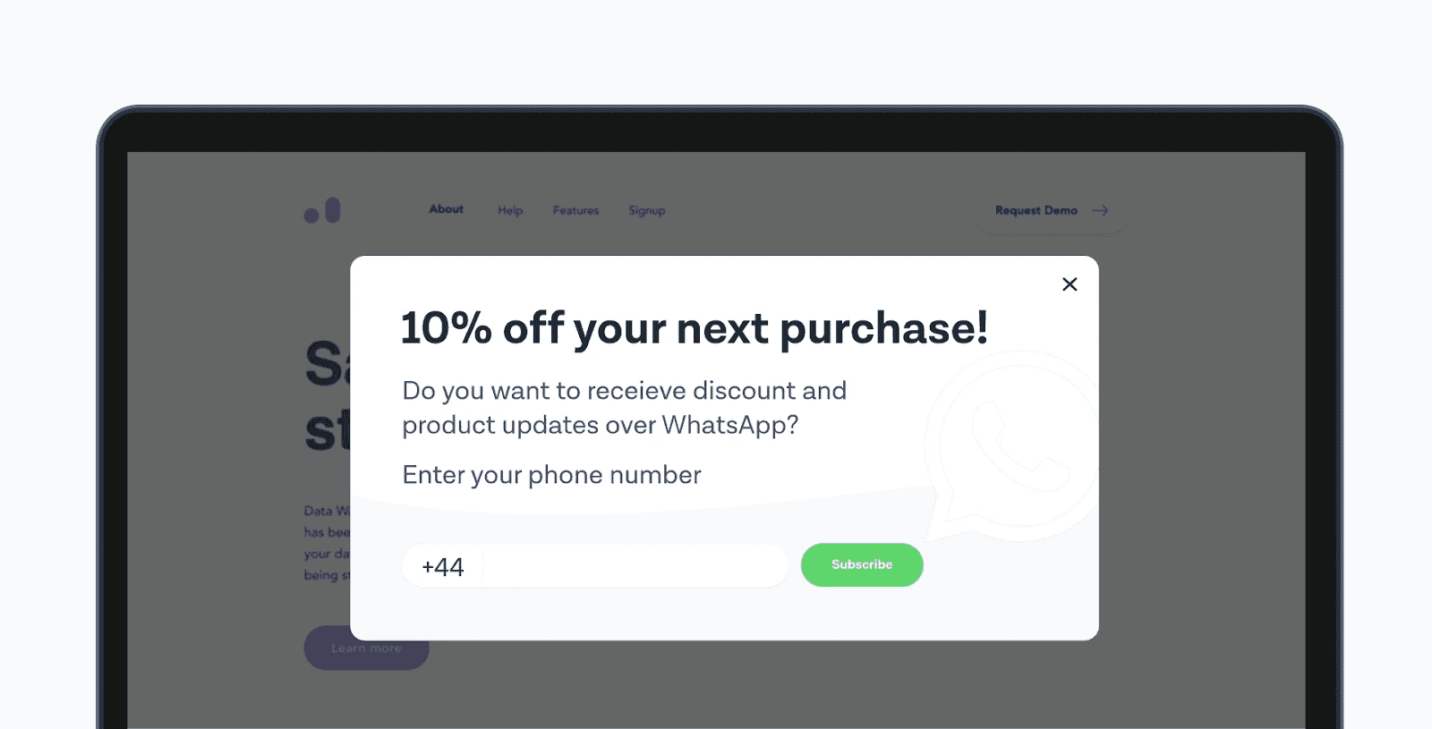 Pop-up window offering "10% off your next purchase," with a request for a phone number to receive updates via WhatsApp, featuring a subscription button.