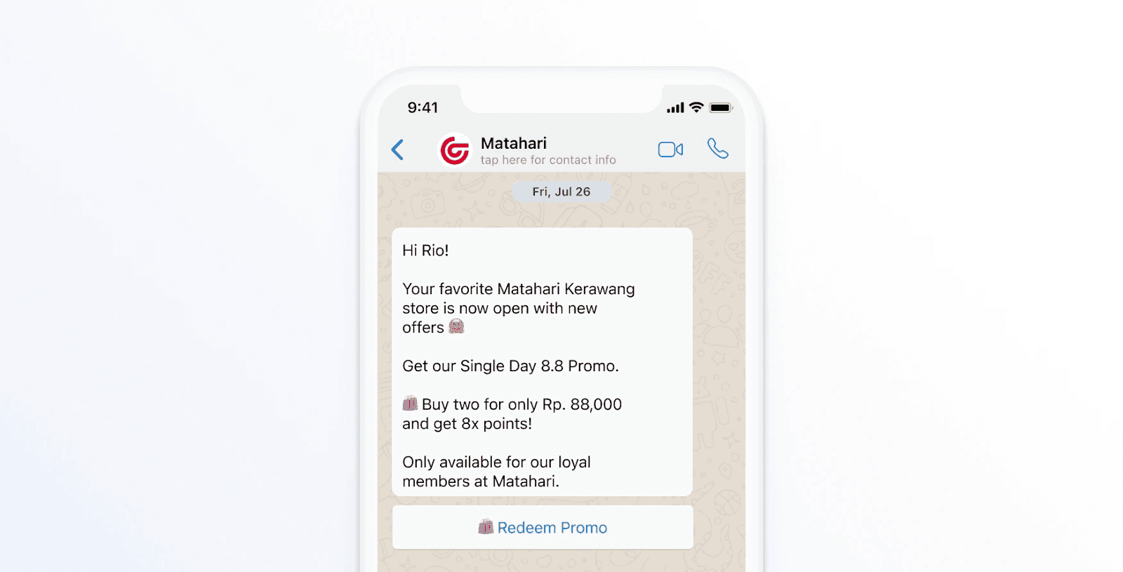 WhatsApp message from Matahari promoting the opening of their new store with a promo code.