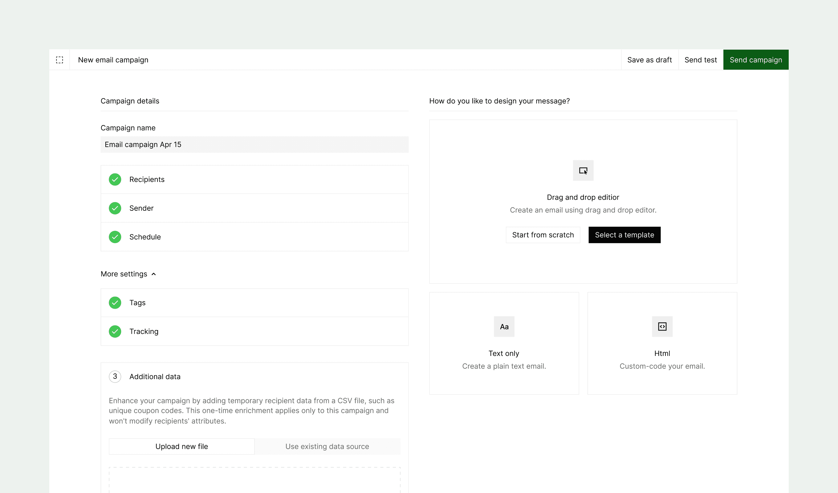 Campaign builder displaying various options for creating an email campaign.