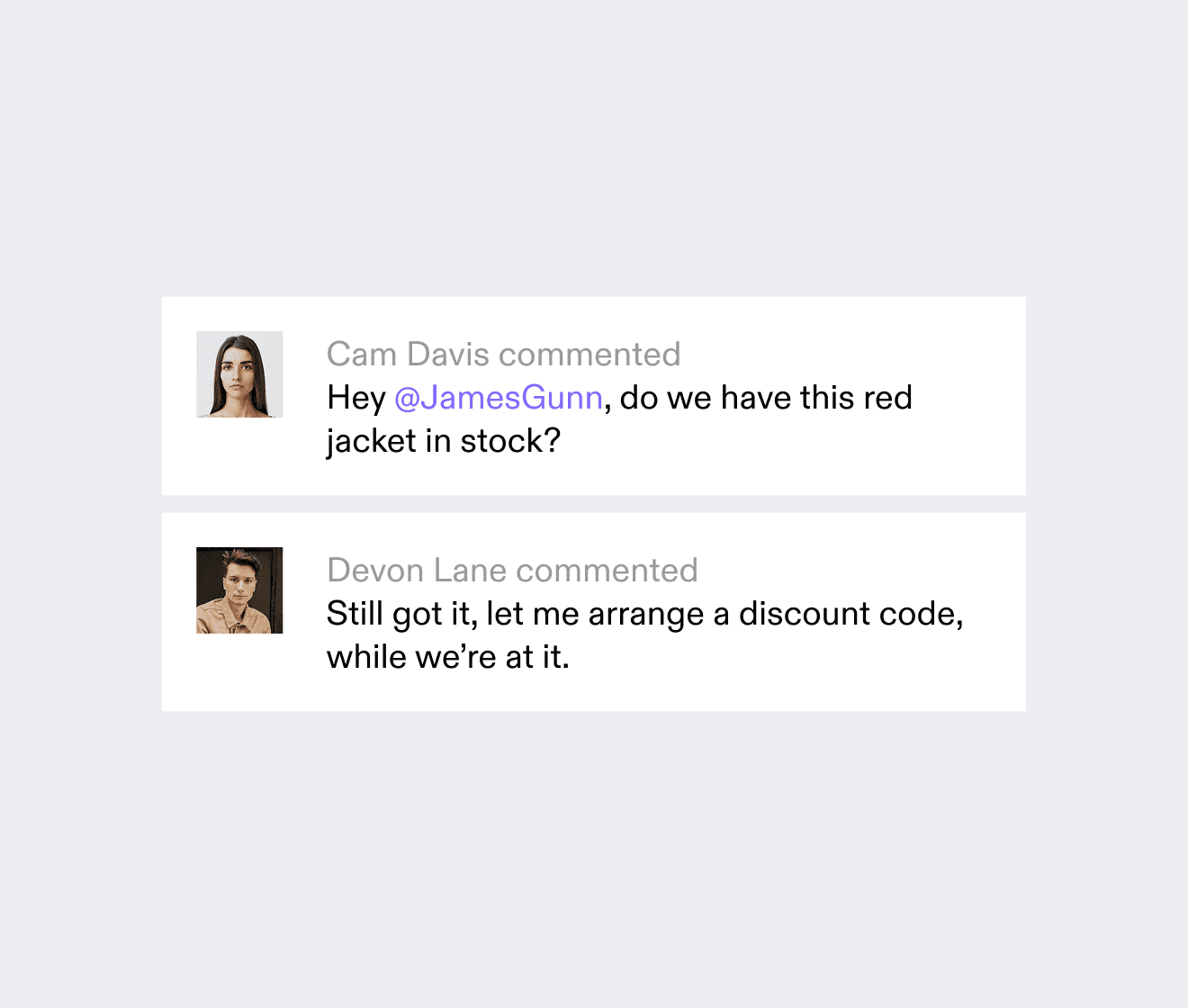 Conversation history featuring messages and notes about product inventory and discount arrangements between team members, highlighting teamwork and collaboration in shared inboxes.