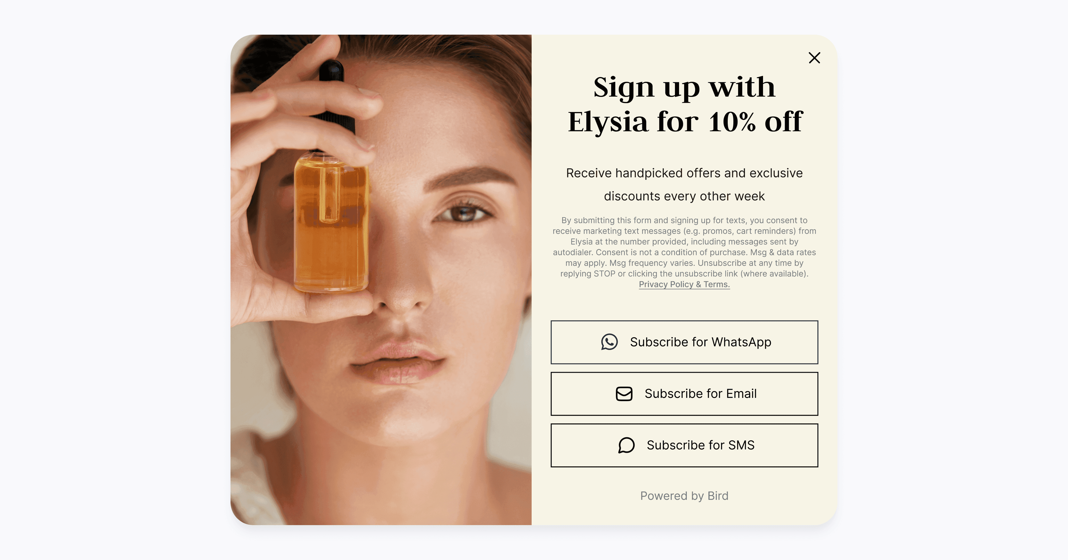 Promotional sign offering 10% off for signing up, featuring options to subscribe via WhatsApp, Email, and SMS.