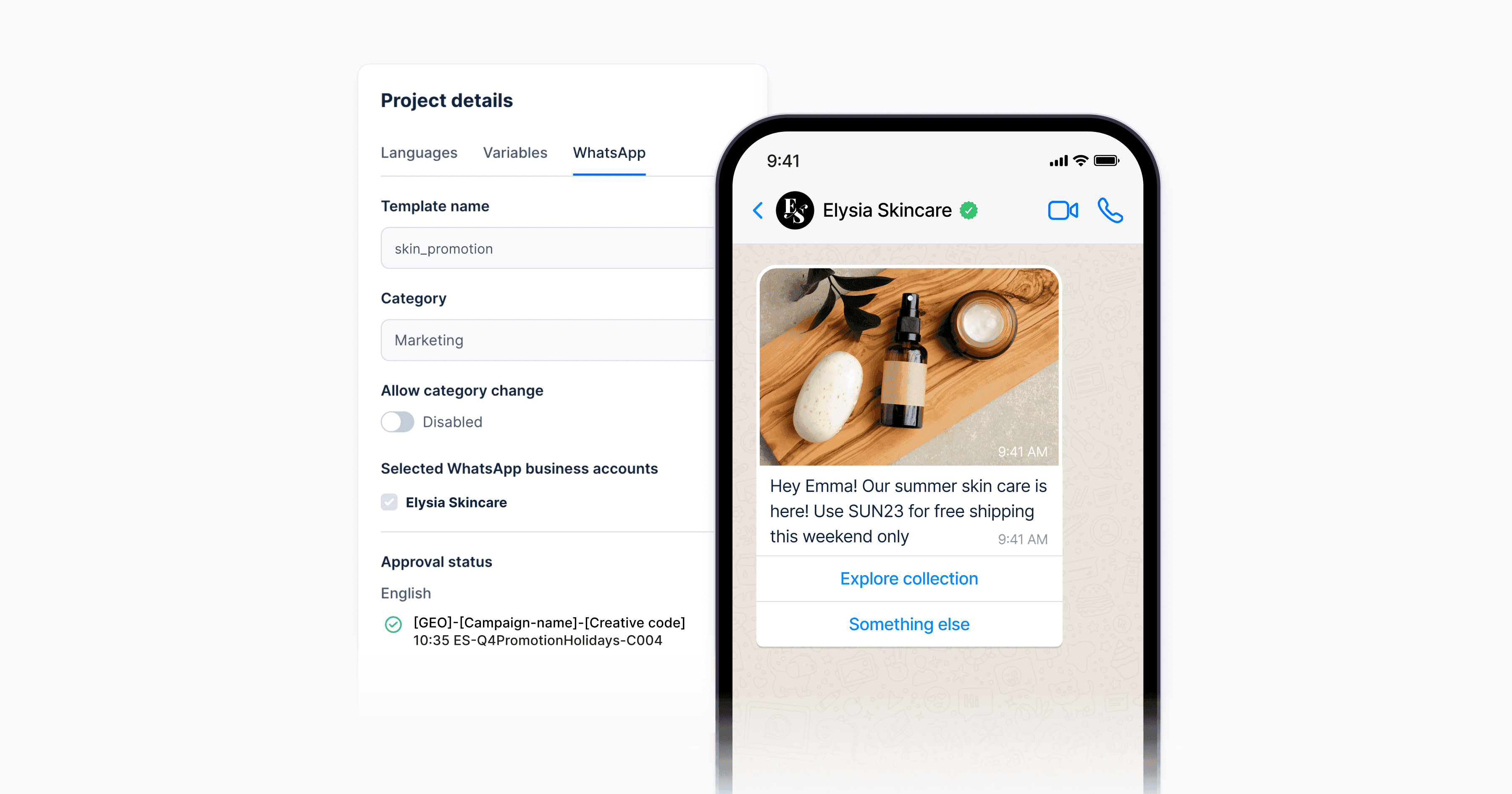 WhatsApp message showcasing a summer skincare product, set against a project details page for a WhatsApp marketing campaign.