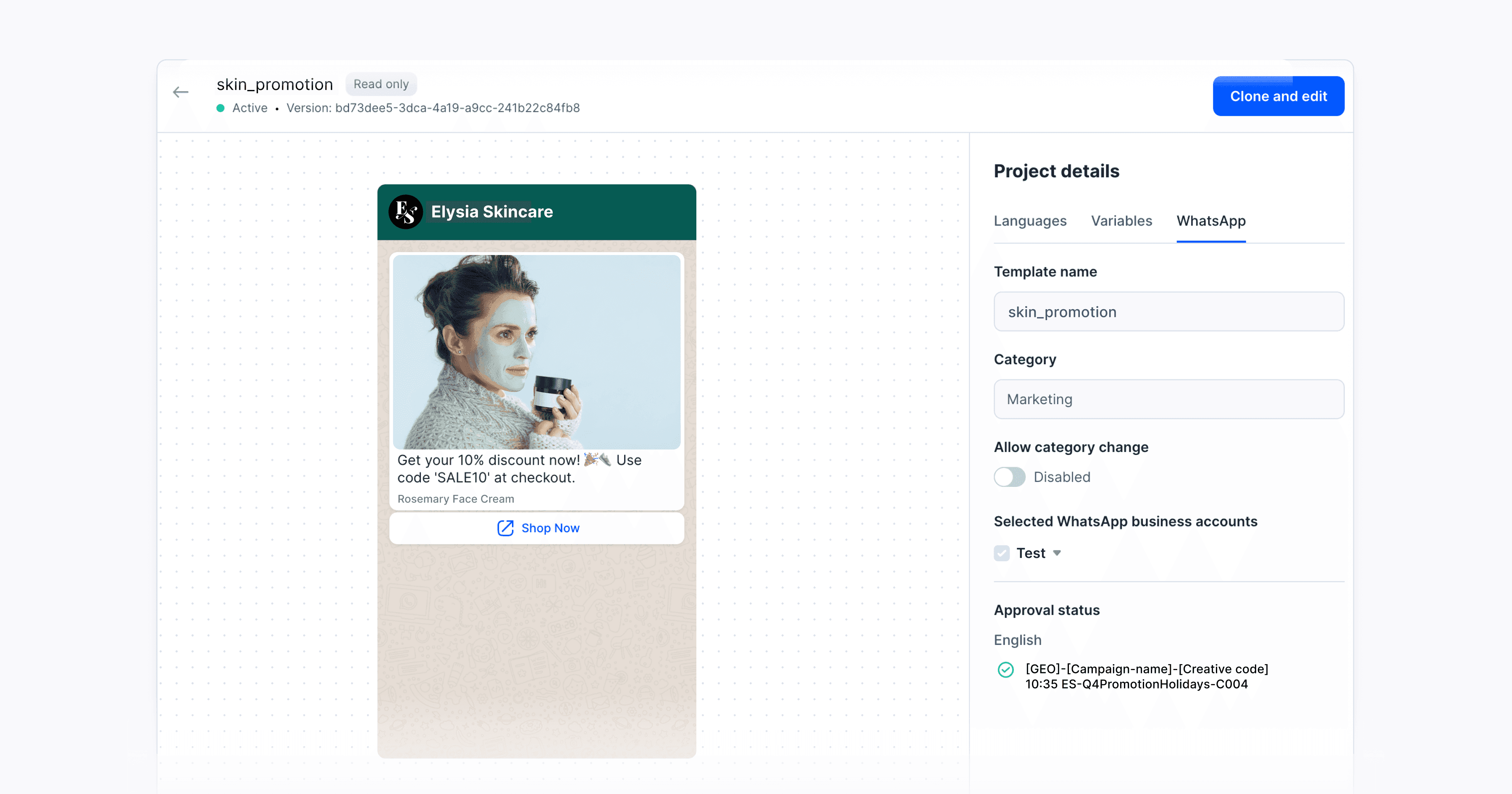 A preview of a skincare promotional template, featuring a person with a face mask, a product image, and a discount offer with a code for online checkout.