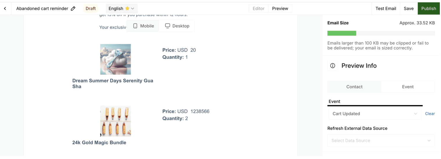 Email template for an abandoned cart reminder displays product details.