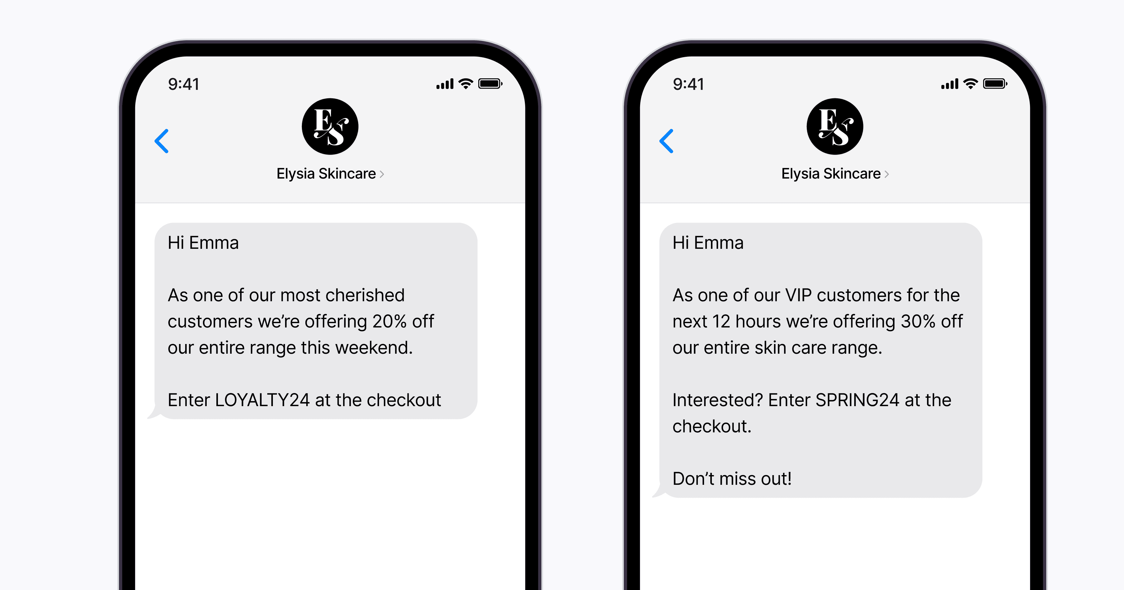 Two promotional text messages, offering exclusive 20% and 30% discounts, with unique codes for checkout; an example of A/B test marketing strategies.