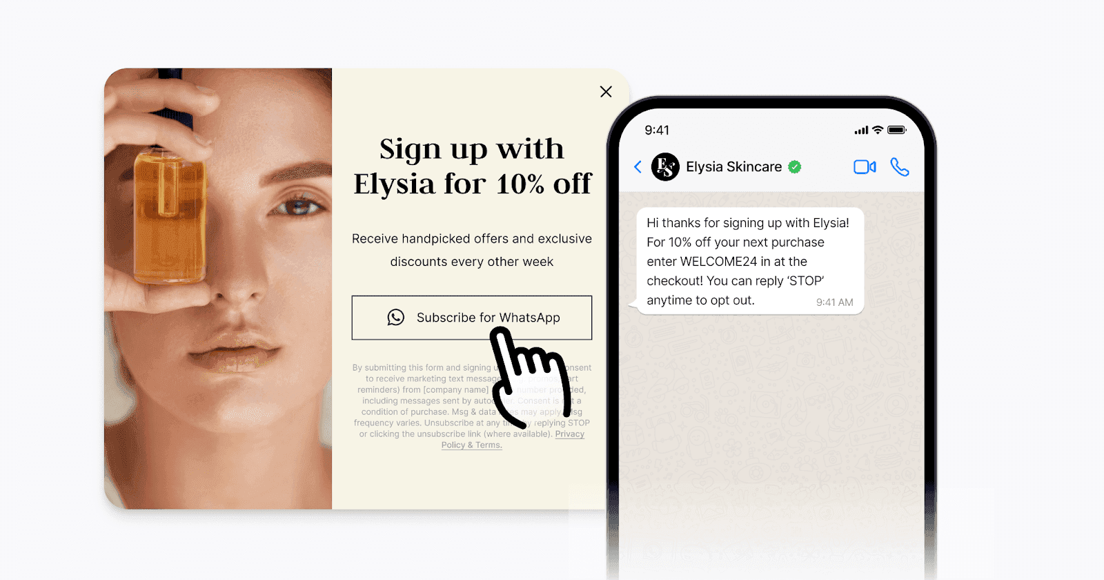 Promotional banner offering a 10% discount for signing up with Elysia via WhatsApp.
