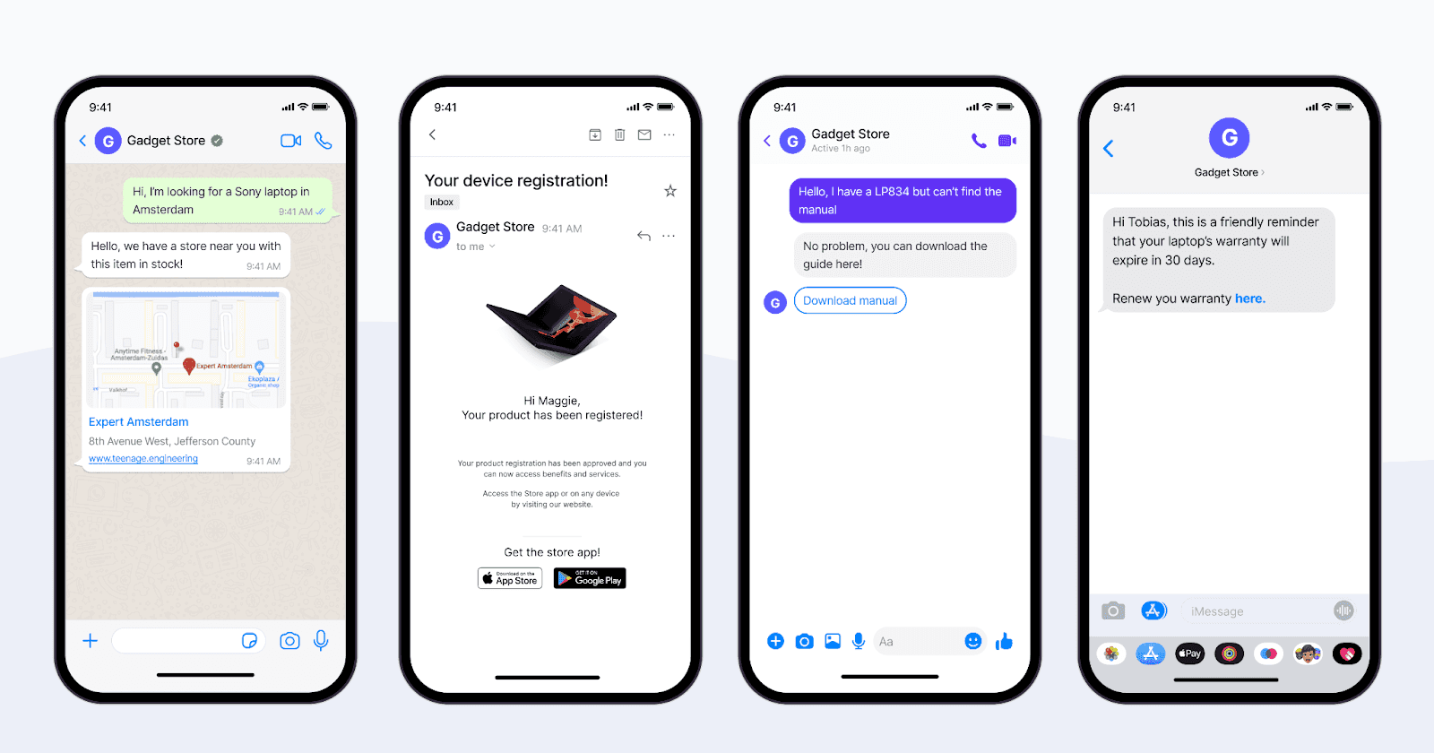 Four smartphone screens display different chat interfaces from a gadget store, featuring a map location, a device registration confirmation with a product image, a conversation about a downloaded manual, and a warranty reminder message.