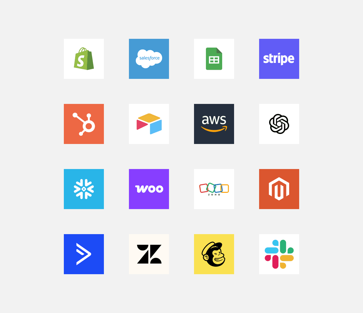 Various CRM, analytics, ads, payments, and collaboration tools, including Shopify, Salesforce, Stripe, HubSpot, Airtable, AWS, ChatGPT, Snowflake, WooCommerce, Magento, and Slack, illustrate options to effectively sync customer data across platforms for enhanced business operations.
